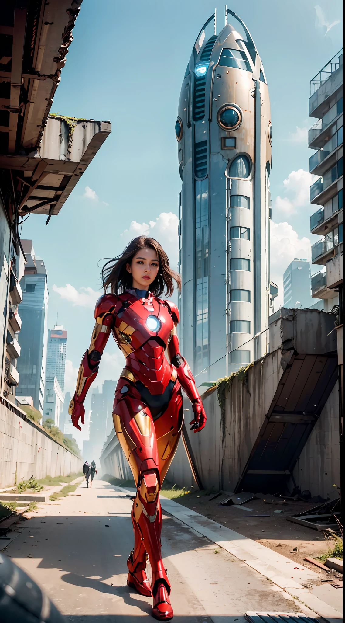 RAW, Masterpiece, Ultra Fine Photo,, Best Quality, Ultra High Resolution, Photorealistic, Sunlight, Full Body Portrait, Stunningly Beautiful,, Dynamic Poses, Delicate Face, Vibrant Eyes, (Side View) , she is wearing a futuristic Iron Man mech, red and gold color scheme, highly detailed abandoned warehouse background, detailed face, detailed and complex busy background, messy, gorgeous, milky white, high detailed skin, realistic skin details, visible pores , sharp focus, volumetric fog, 8k uhd, dslr camera, high quality, film grain, fair skin, photorealism, lomography, sprawling metropolis in futuristic dystopia, view from below, translucent