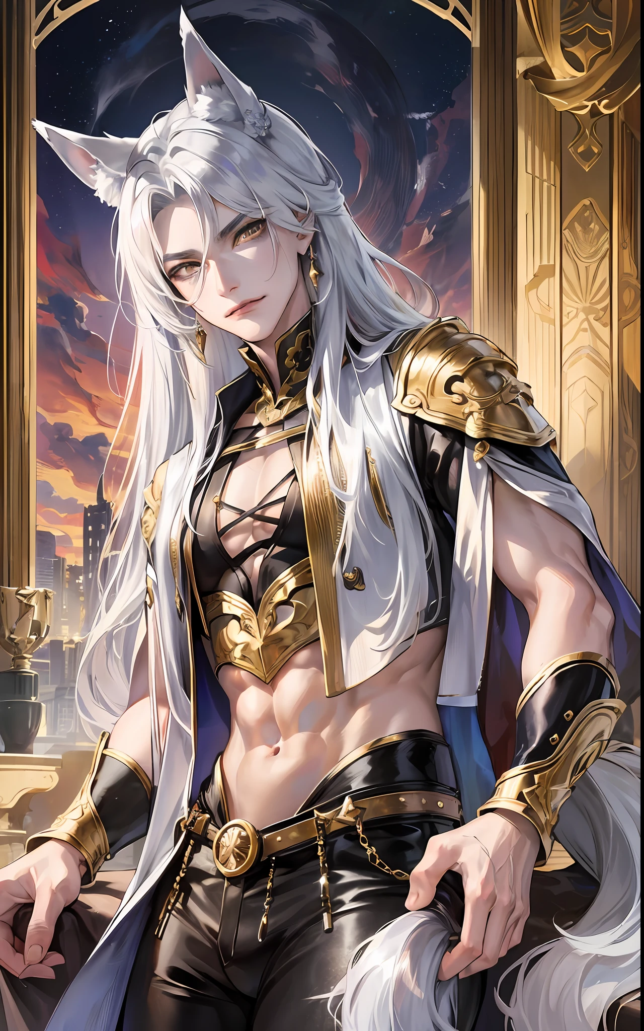 man, masculine, masculine face, attractive, muscular, ((1man)), masterpiece, absurdres, best quality ,intricate details , (shiny skin, shiny body, shiny oily luster skin, shiny hair, pale skintone), Sundown, attractive, ((muscular)), adult, one,medieval clothes, earrings, black pants, Don't look at the view , Not looking at the view, silver long hair, perfect detailed face, perfect detailed hands, wolf ears, wolf tail, gold eyes, ((MLS)), smirk, medium large shoot