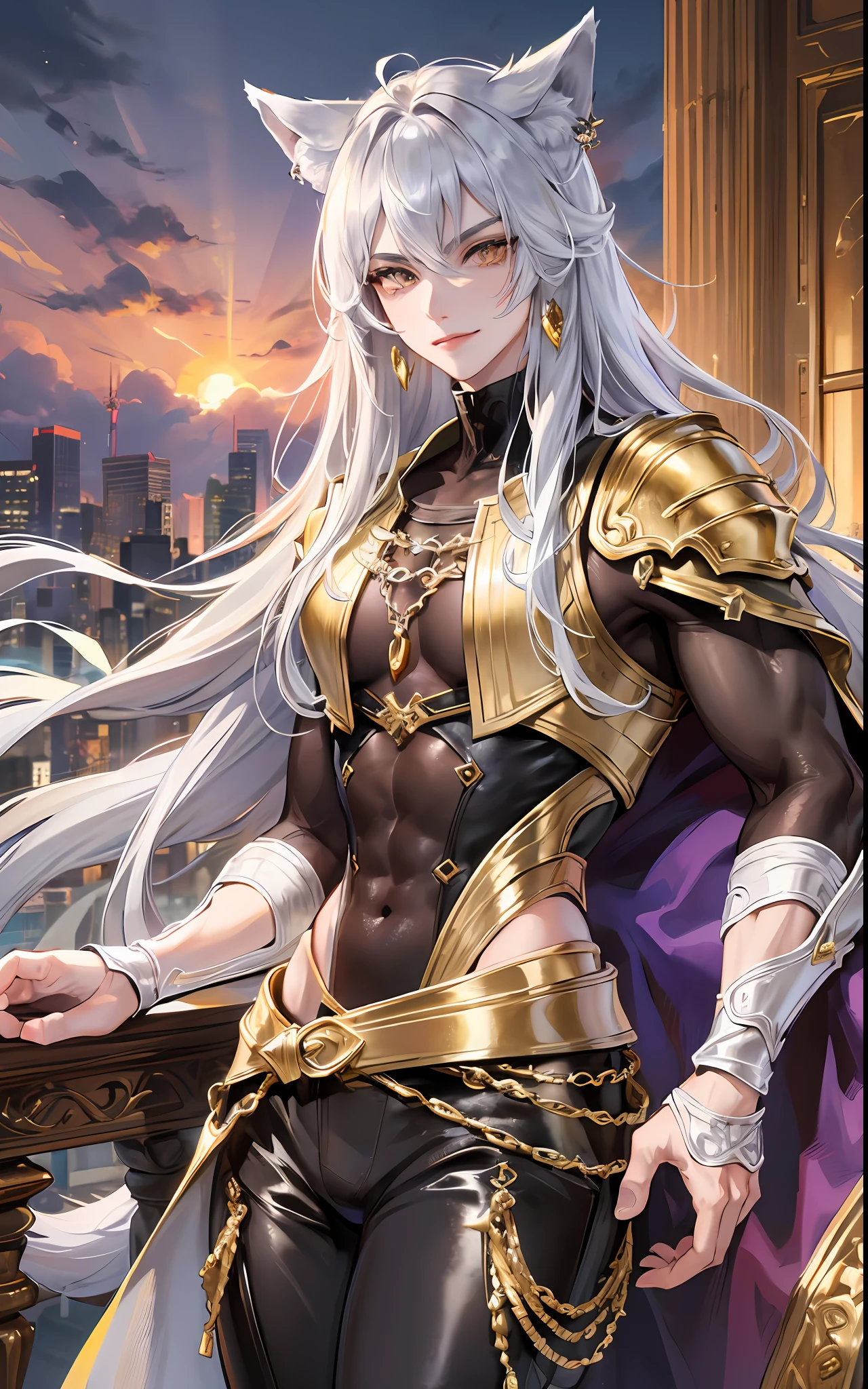 man, masculine, masculine face, attractive, muscular, ((1man)), masterpiece, absurdres, best quality ,intricate details , (shiny skin, shiny body, shiny oily luster skin, shiny hair, pale skintone), Sundown, attractive, ((muscular)), adult, one,medieval clothes, earrings, black pants, Don't look at the view , Not looking at the view, silver long hair, perfect detailed face, perfect detailed hands, wolf ears, wolf tail, gold eyes, ((MLS)), smirk, medium large shoot
