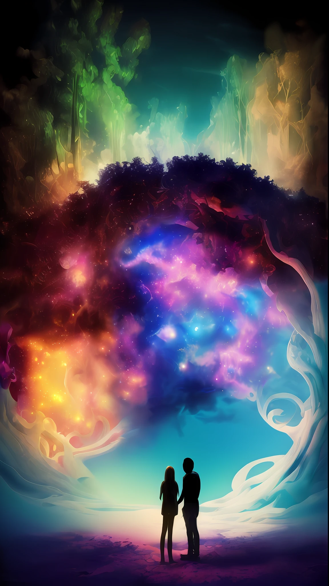 Incredible and spectacular scene, a "((high quality)), (detailed)), ((fantasy)), illustration, perspective (45 degree tilt angle), theme (enchanted forest style), scene elements (handsome boy, beautiful girl), picture quality (3D rendering effect), exquisite details, beautiful lights "emerge from glowing clouds, fractal nebula lines, cosmic entities, celestial bodies, universes, vibrant and vivid, swirling, rotating, impractical, high contrast, co-metabolic, magical, mysterious, mysterious, surreal, Oversaturated, colorful