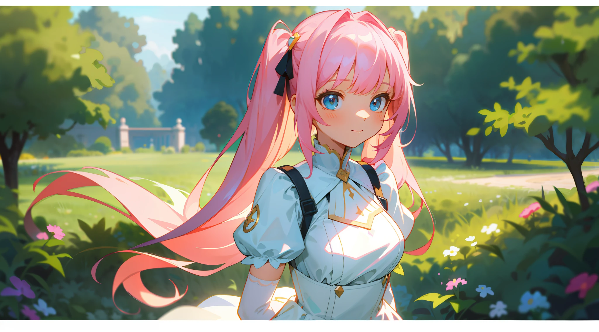 (masterpiece),(best quality),extremely detailed CG unity 8k wallpaper,ultra-detailed,highres,finely detail,(cowboy shot),upper body,Long shot,wide shot,(depth of field),perspective,cinematic lighting,an extremely delicate and beautiful girl,beautiful detailed girl,solo,extremely detailed eyes and face,(beautiful detailed eyes),arms behind back,light smile,Translucent hair, pink hair, long hair, light hair, perfect appearance, pigtails, bang, white dress, white elbow gloves, outdoor, garden