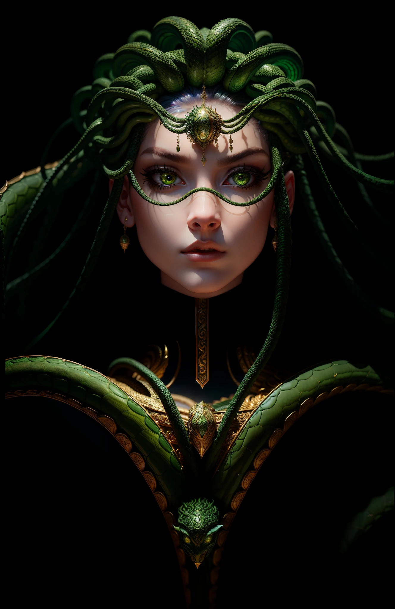 ((best quality)), ((masterpiece)), ((realistic)), Medusa, full body, the hair is composed of countless small snakes, green eyes, female face, metal carved top, royal aura, trend on artstation , sharp focus, studio photo, intricate detail, very detailed, detailed eye, illustration, very detailed, sharp focus, digital render, professional, 4k