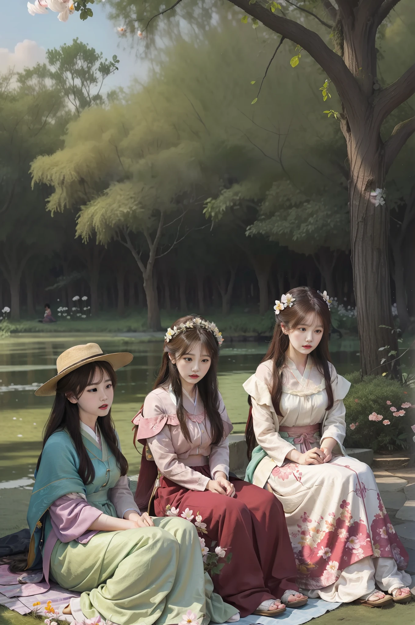 there are three women sitting on a blanket in the emperor's park，conversation,expression of benign,ancient tree,flowers ,birds, oil painting,royal art