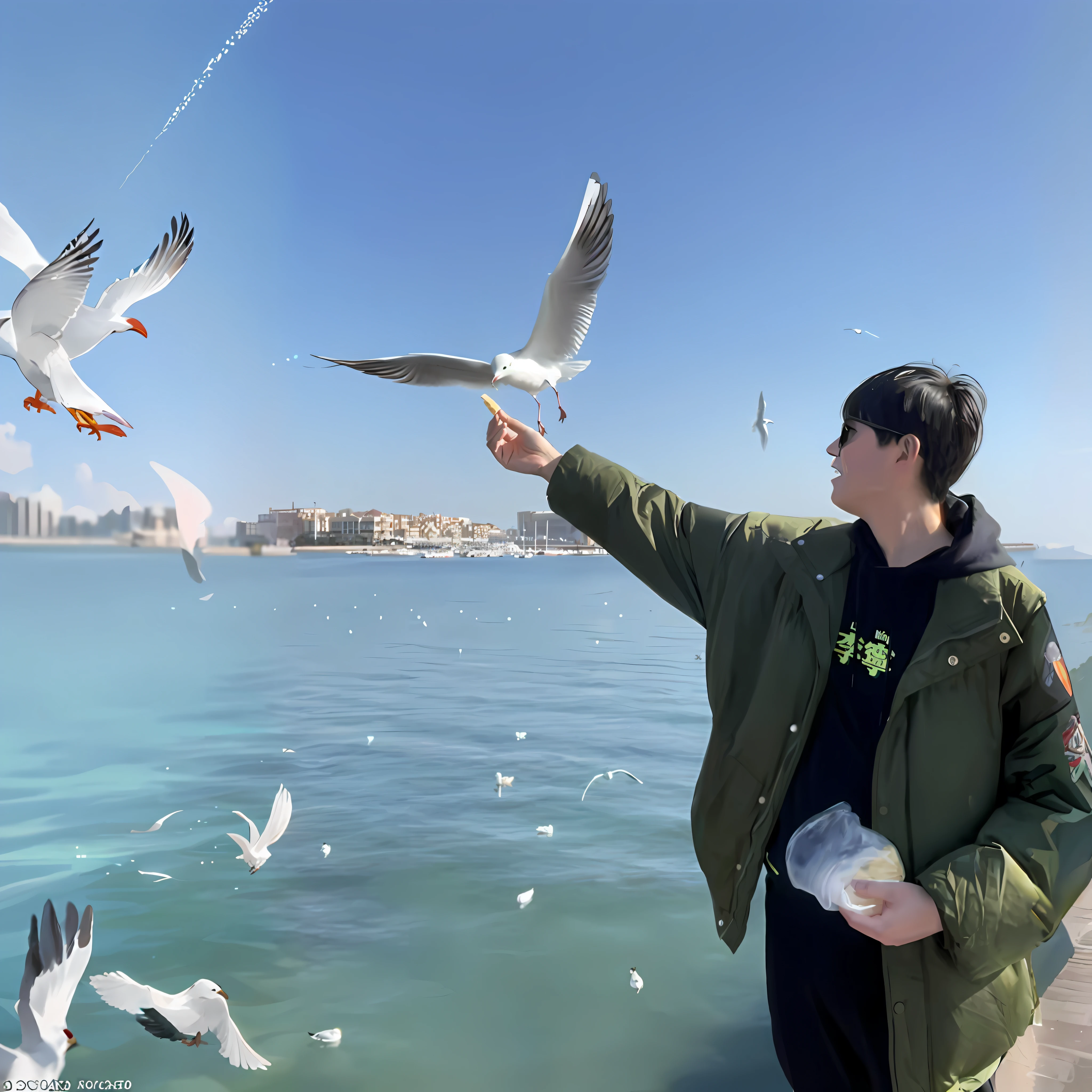 araffe feeding a seagull from a plastic bag on the pier, is looking at a bird, photo taken in 2 0 2 0, with great birds, seagull, with his pet bird, with real wings, 2 0 2 2 photo, profile picture 1024px, holding electricity and birds, flying around the bird, fish in the background, eating