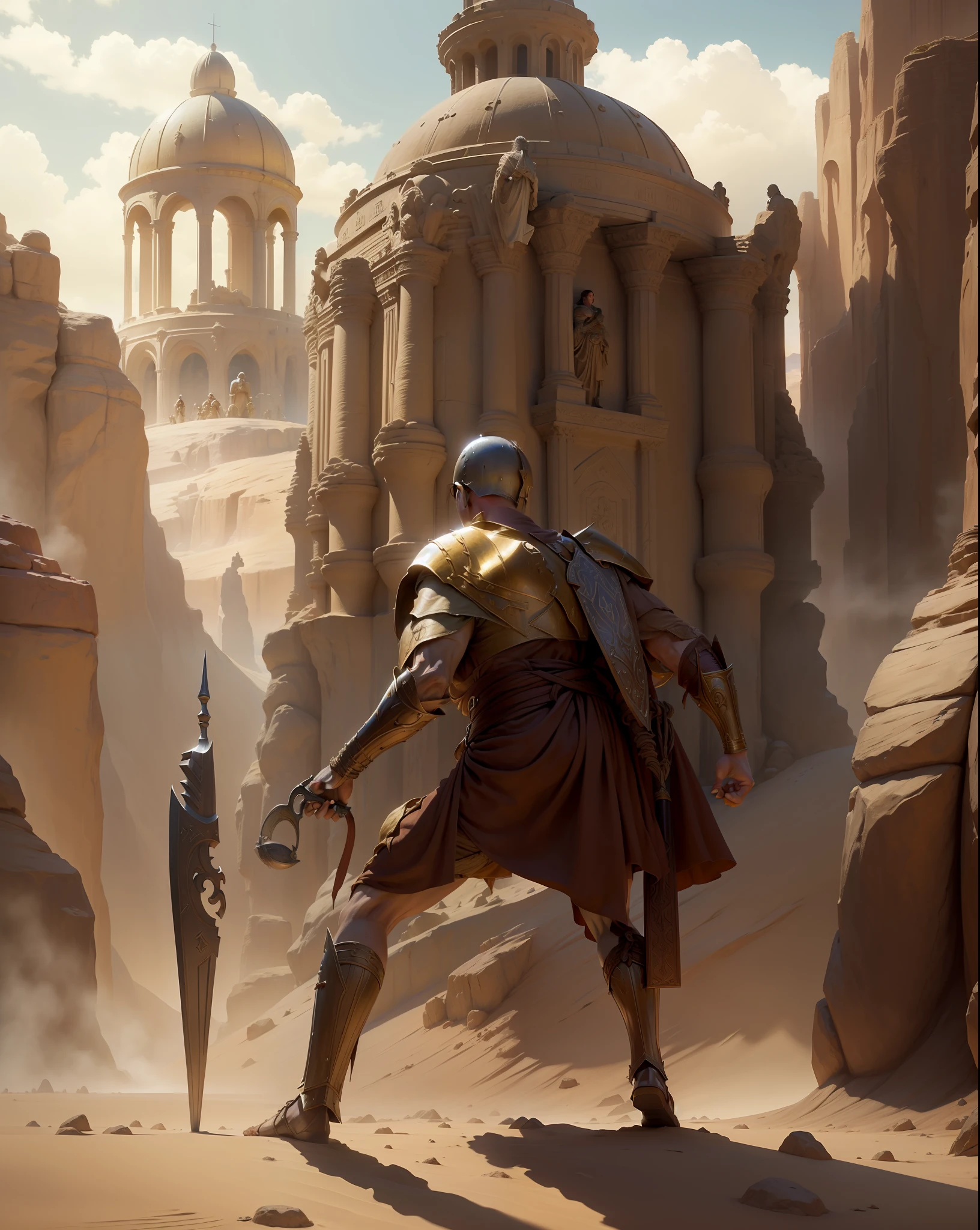 Arafed man in a brown robe holding a sling (object used to kill goliath, a giant, goliath in front of him, ready for a battle, according to the bible, in a desert, frodo in Star Trek, Frodo, still from a fantasy film, digitally remastered, film still of God of War, in the movie Dune, mixed art,  in the movie Excalibur 1 9 8 0, biblical epic film, from a movie scene, still from a live action movie