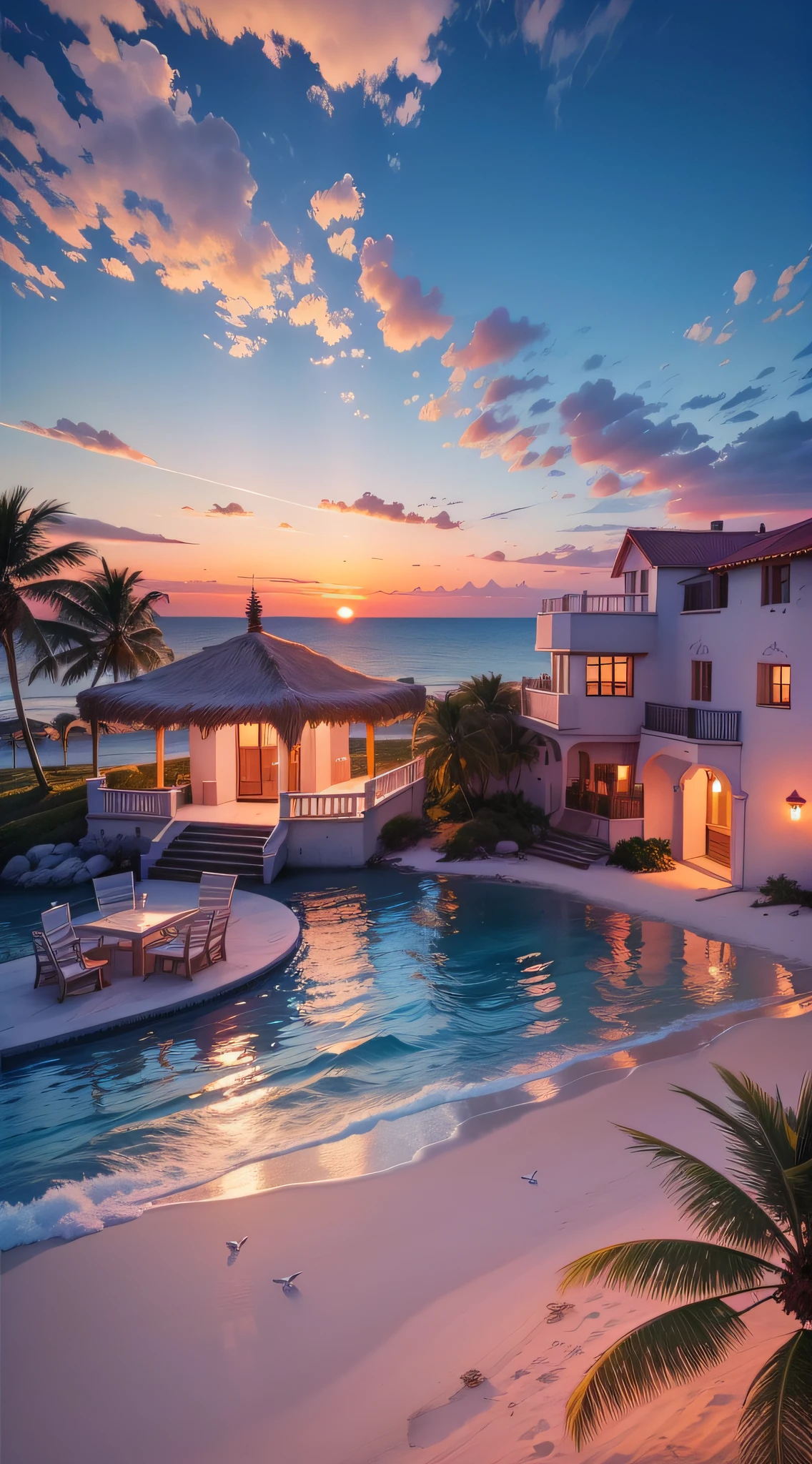 Absolutely mesmerizing sunset on the beach with a mix of oranges, pinks and yellows in the sky. The water is crystal clear, gently kissing the shore, and the white sand is endless. The scenes are action-packed and breathtaking, with seagulls soaring high in the sky and palm trees swaying gently. Immerse yourself in the calm atmosphere and let the serenity surround you.