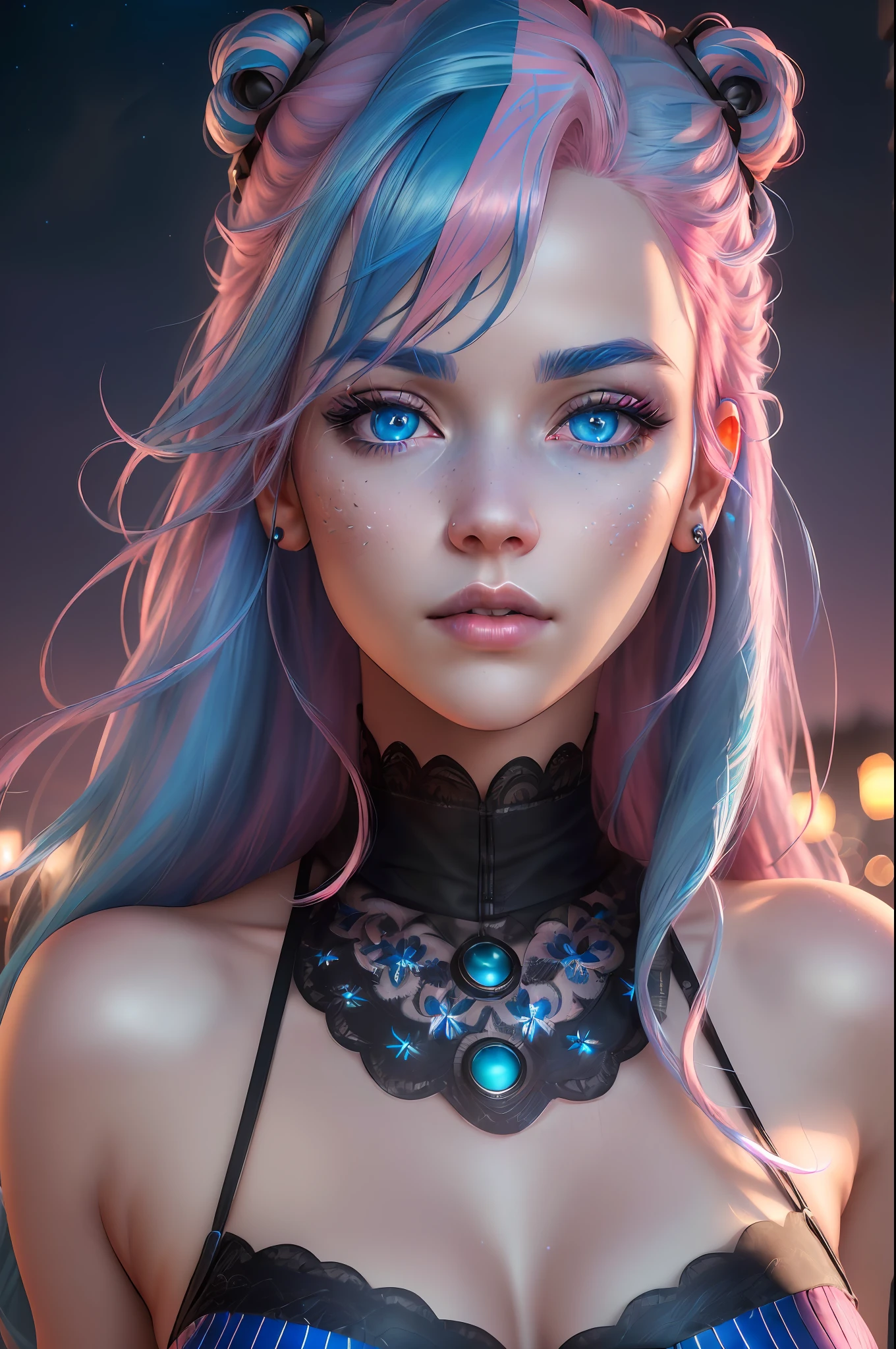 (8k, RAW photo, best quality, masterpiece:1.2), (realistic, photo-realistic:1.37), ultra high res, ultra-detailed, girl, professional lighting, photon mapping, radiosity, physically-based rendering, beautiful detailed eyes, symmetrical eyes, detailed eyebrows, light on face, looking at viewer, ((blue hair | pink hair)), ((night sky))