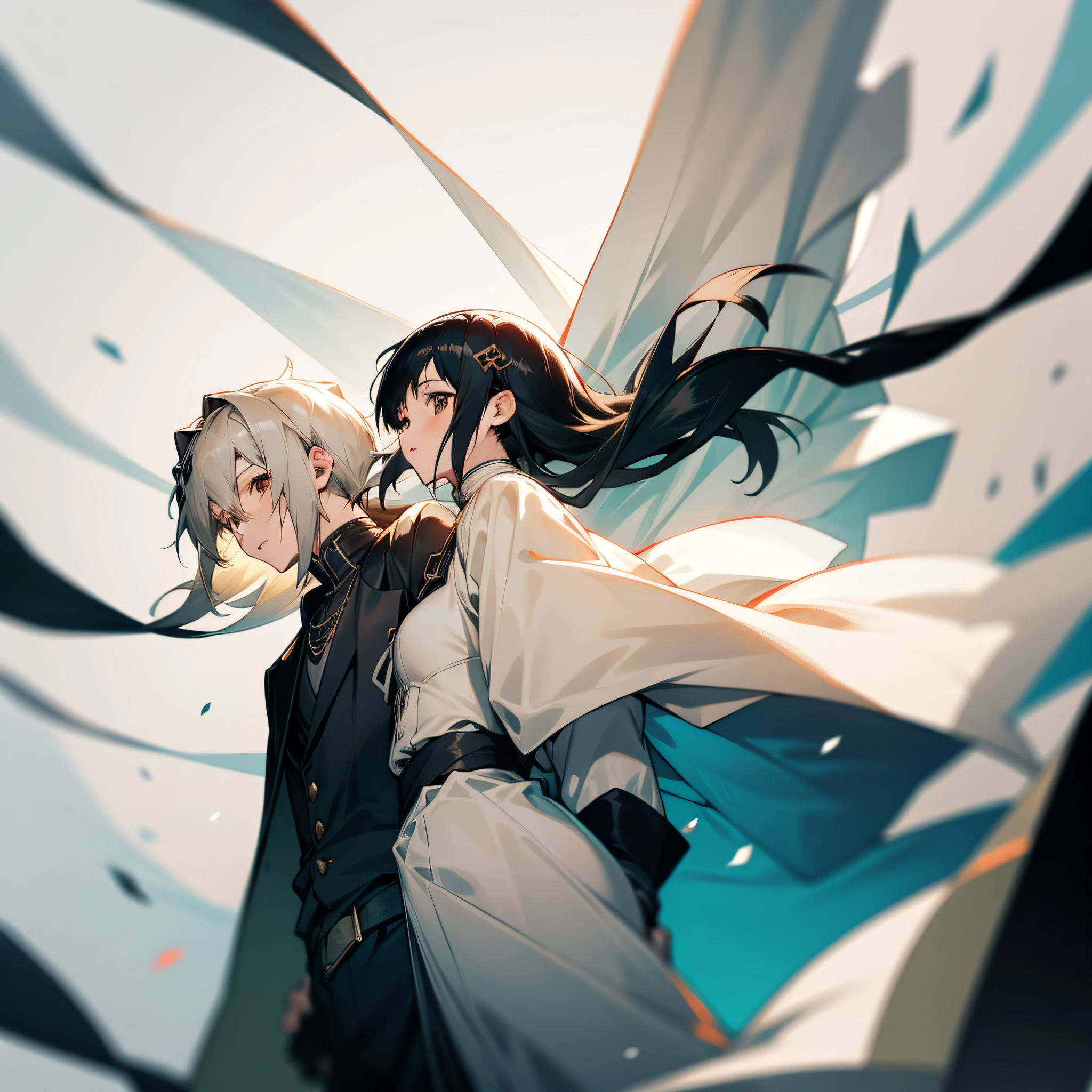 Couple, boy holding girl behind back, boy short black hair, girl beige long hair, girl wearing white dress and coat, boy wearing male high neck long sleeves and coat, anime girl, anime boy