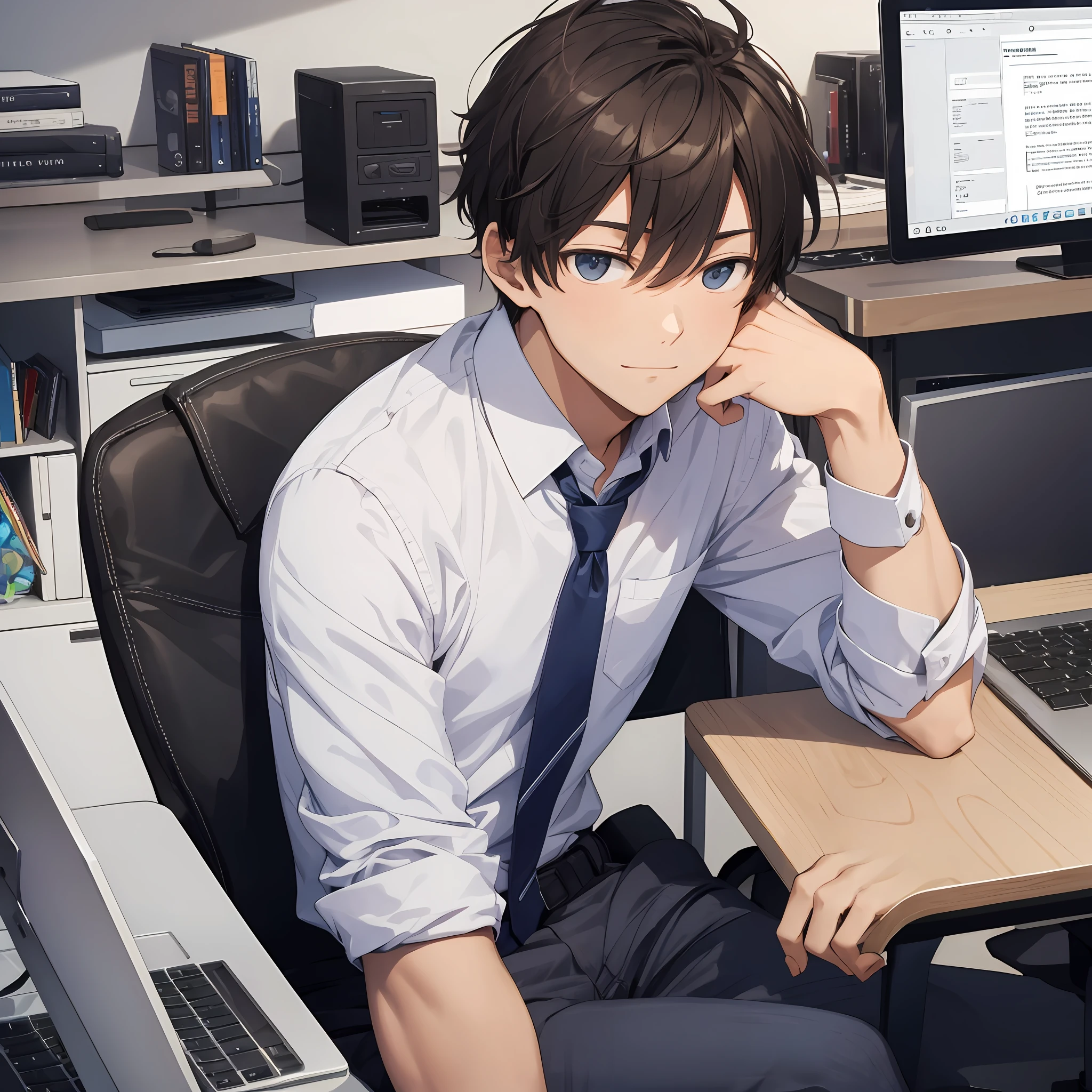 One, handsome high school boy, sitting in front of the computer with a lot of classmates around