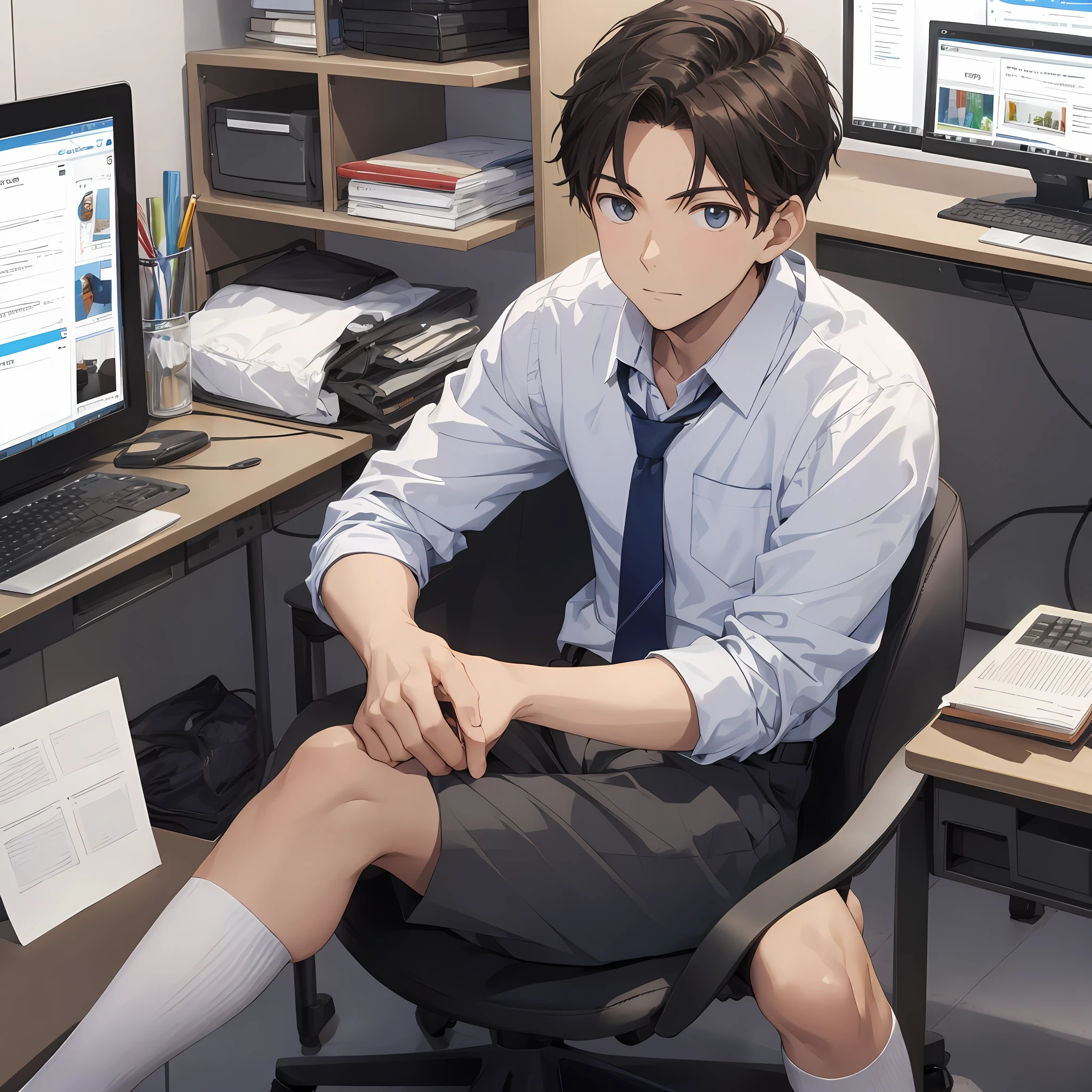 One, handsome high school boy, sitting in front of the computer with a lot of classmates around