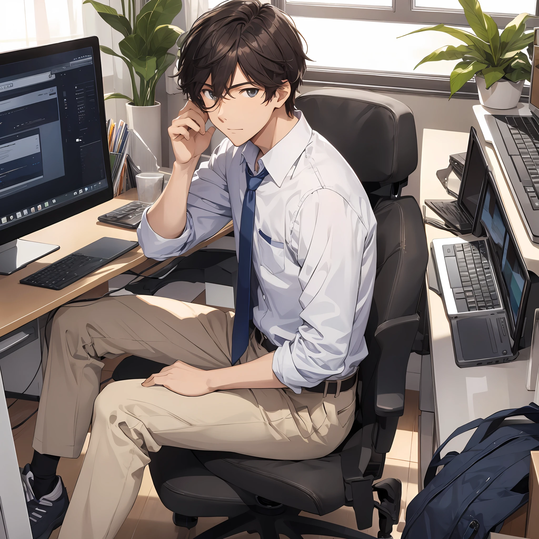 One, handsome high school boy, sitting in front of the computer with a lot of classmates around