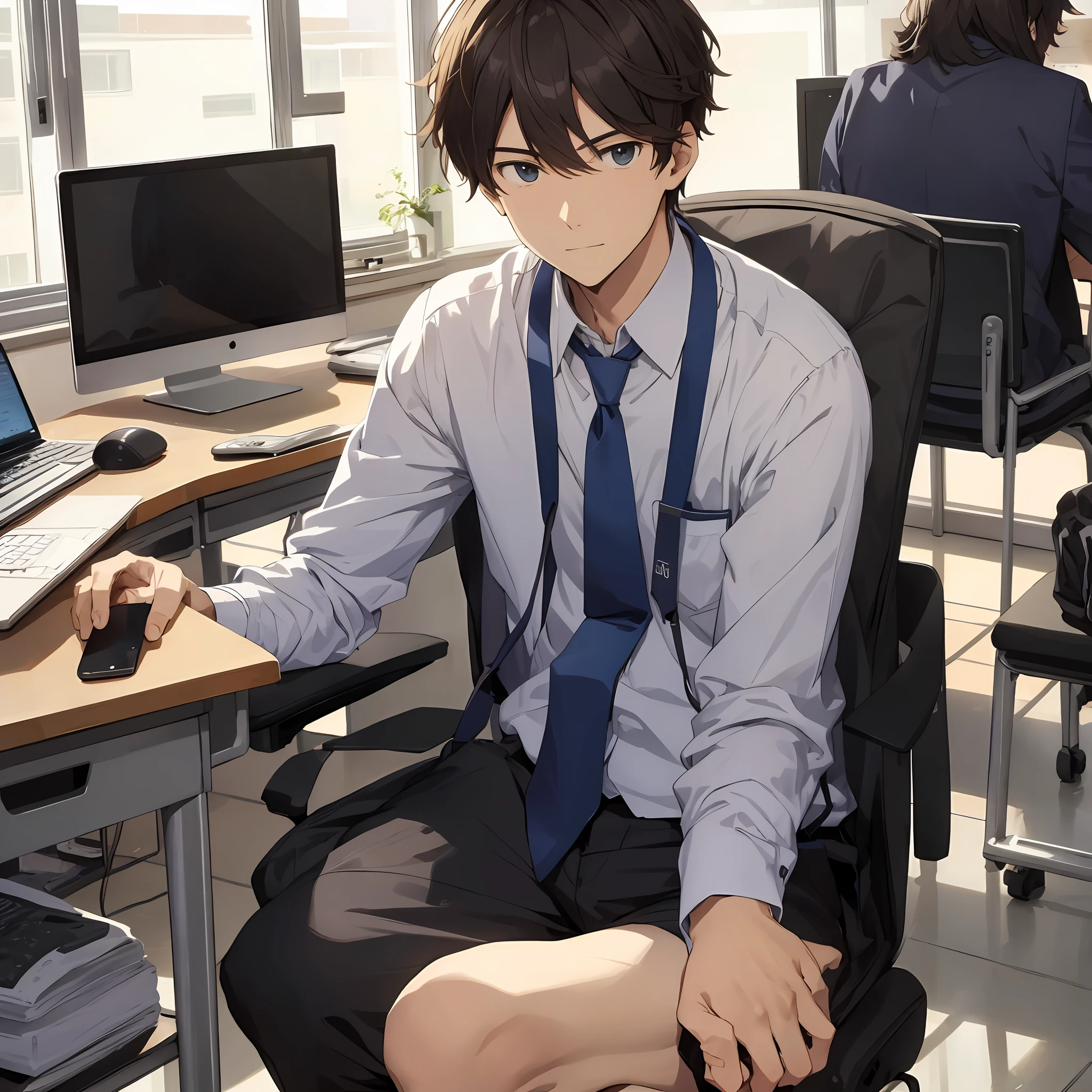 One, handsome high school boy, sitting in front of the computer with a lot of classmates around