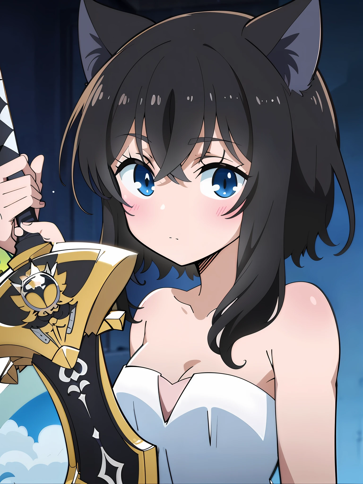 anime girl with a sword and a cat costume holding a shield, anime moe artstyle, hestia, ayaka genshin impact, detailed key anime art, holding a sword on her shoulder, official art, anime visual of a cute girl, cushart krenz key art feminine, albedo from the anime overlord, anime visual of a young woman