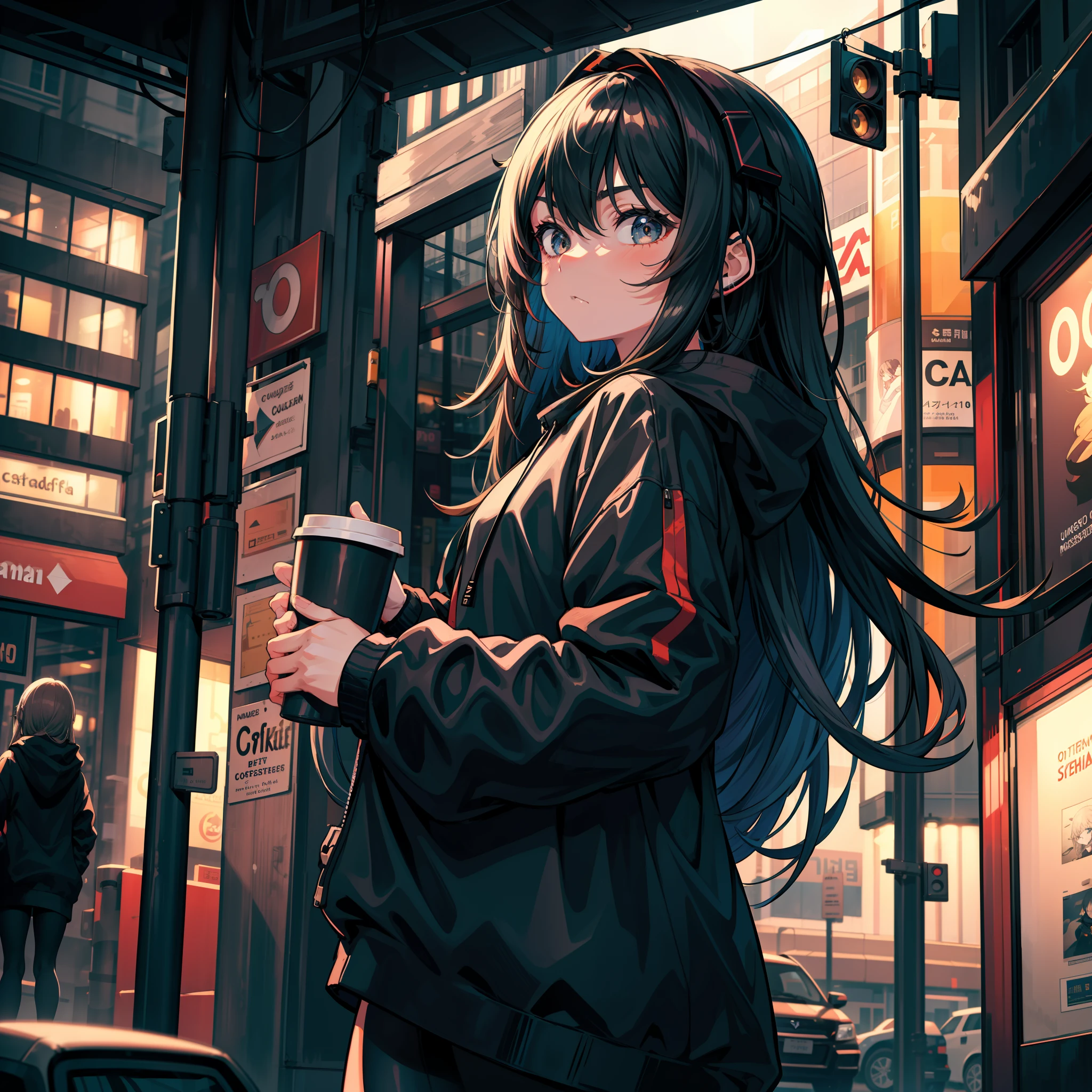 A beautiful girl,  wearing oversize black hoodie, wearing headphone,  holding a cup of coffee,  standing in the middle of the street,  night, (masterpiece), (best quality), (ultra detailed),(disheveled hair),(illustration), (1girl),best lighting