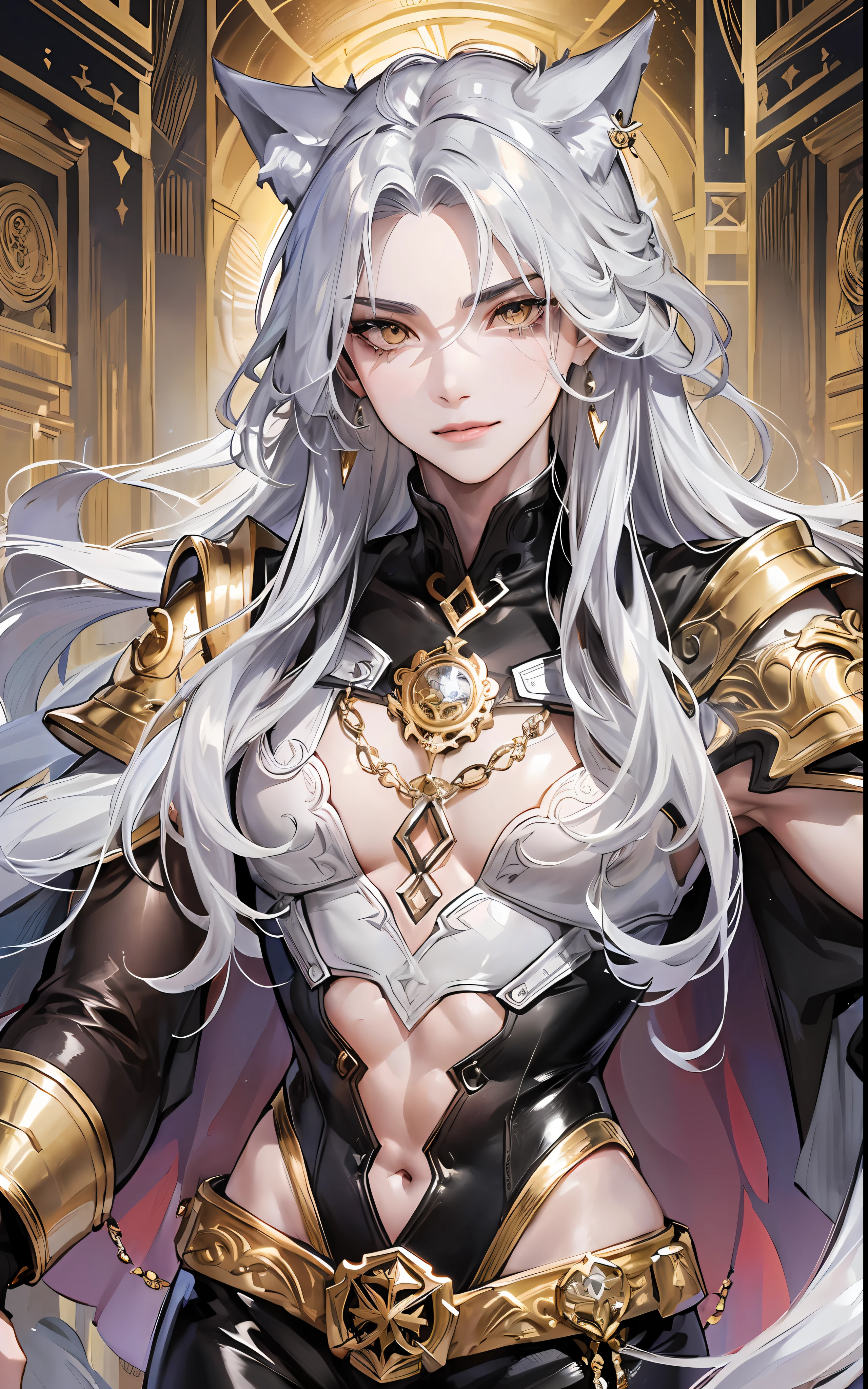 man, masculine, masculine face, attractive, muscular, ((1man)), masterpiece, absurdres, best quality ,intricate details , (shiny skin, shiny body, shiny oily luster skin, shiny hair, pale skintone), Sundown, attractive, ((muscular)), adult, one,medieval clothes, earrings, black pants, Don't look at the view , Not looking at the view, silver long hair, perfect detailed face, perfect detailed hands, wolf ears, wolf tail, gold eyes, ((MLS)), smirk, medium large shoot