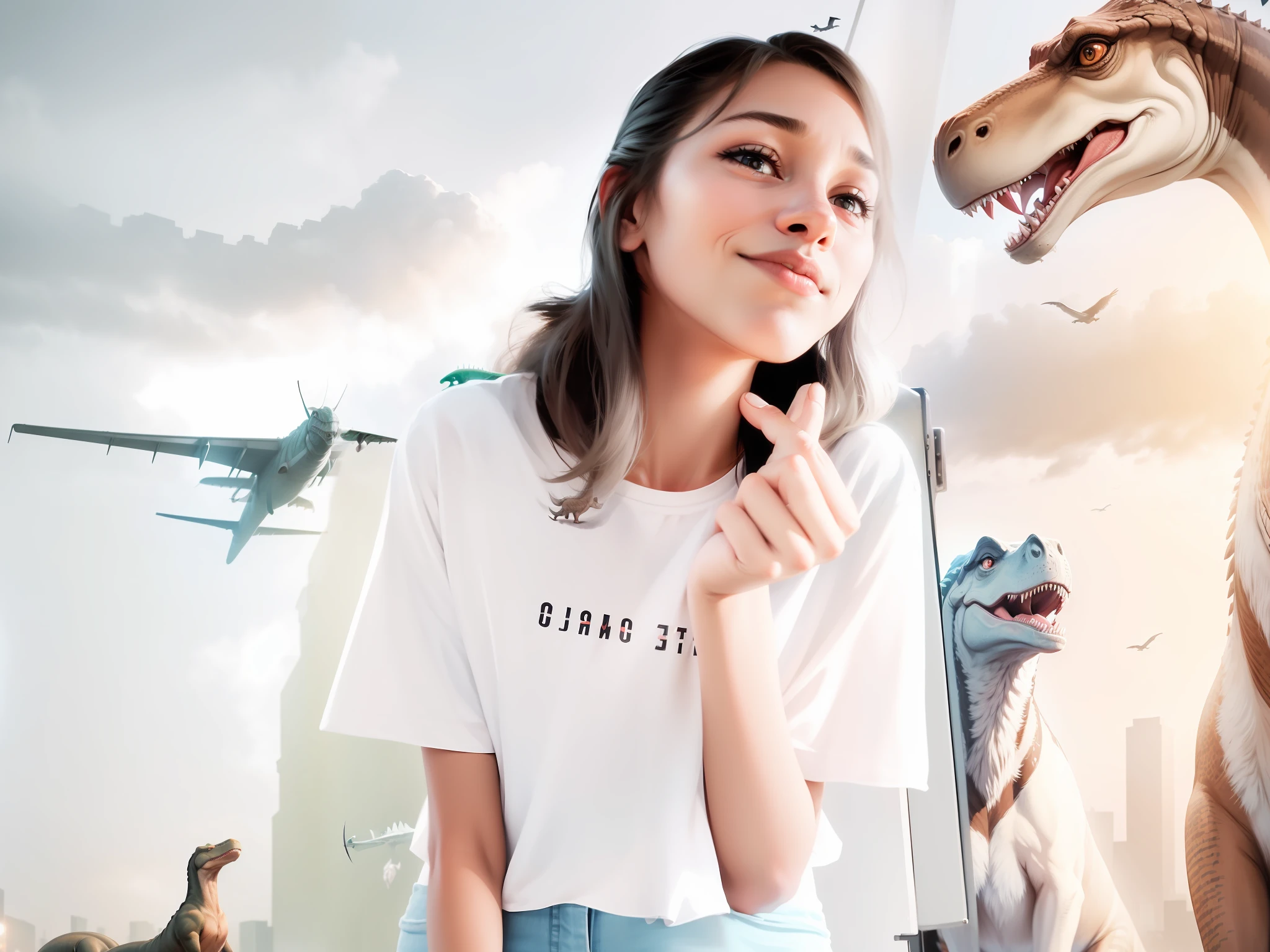 (extremely detailed), high quality, photo-realistic,(a group of) prehistoric (dinosaurs), urban red light district, dogs, aeroplane, nighttime, dramatic lighting, moody, cinematic, intense, emotional.