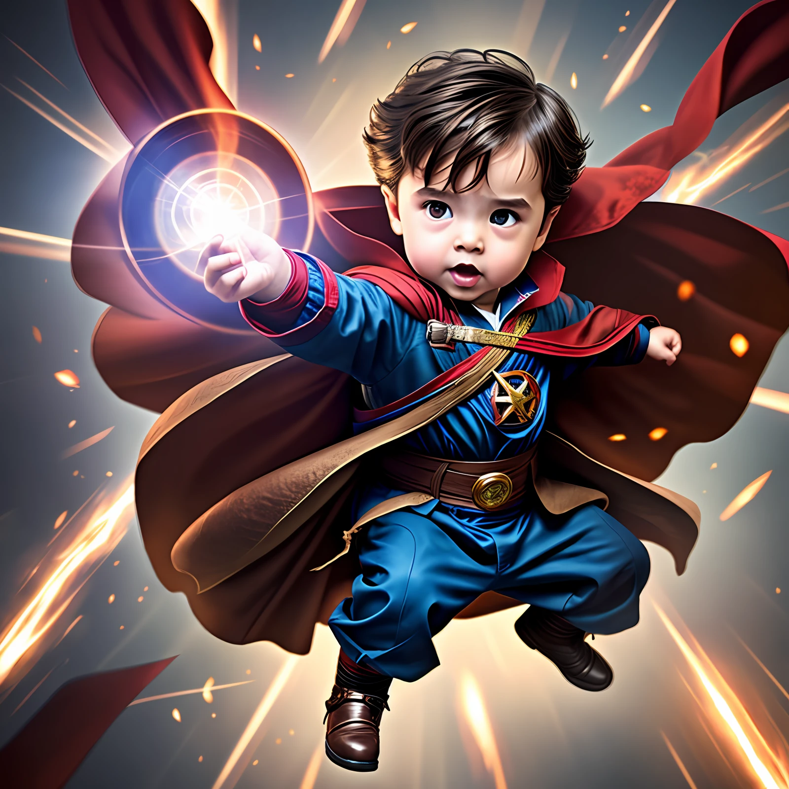 A , 3 years old,, brown hair, chubby, angry, Doctor Strange clothes and cape, flying in the air, fighting stance, casting magic, magic aperture, action scene, best quality --auto --s2