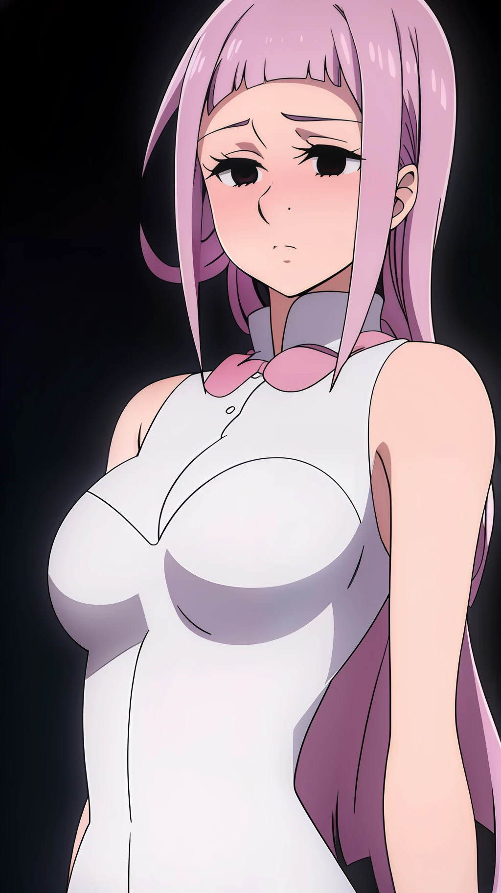 ((masterpiece)), ((best quality)), melascula, empty eyes, 1girl, solo, long_hair, medium_breasts, pink_hair, purple hair, blunt bangs, near naked, blush