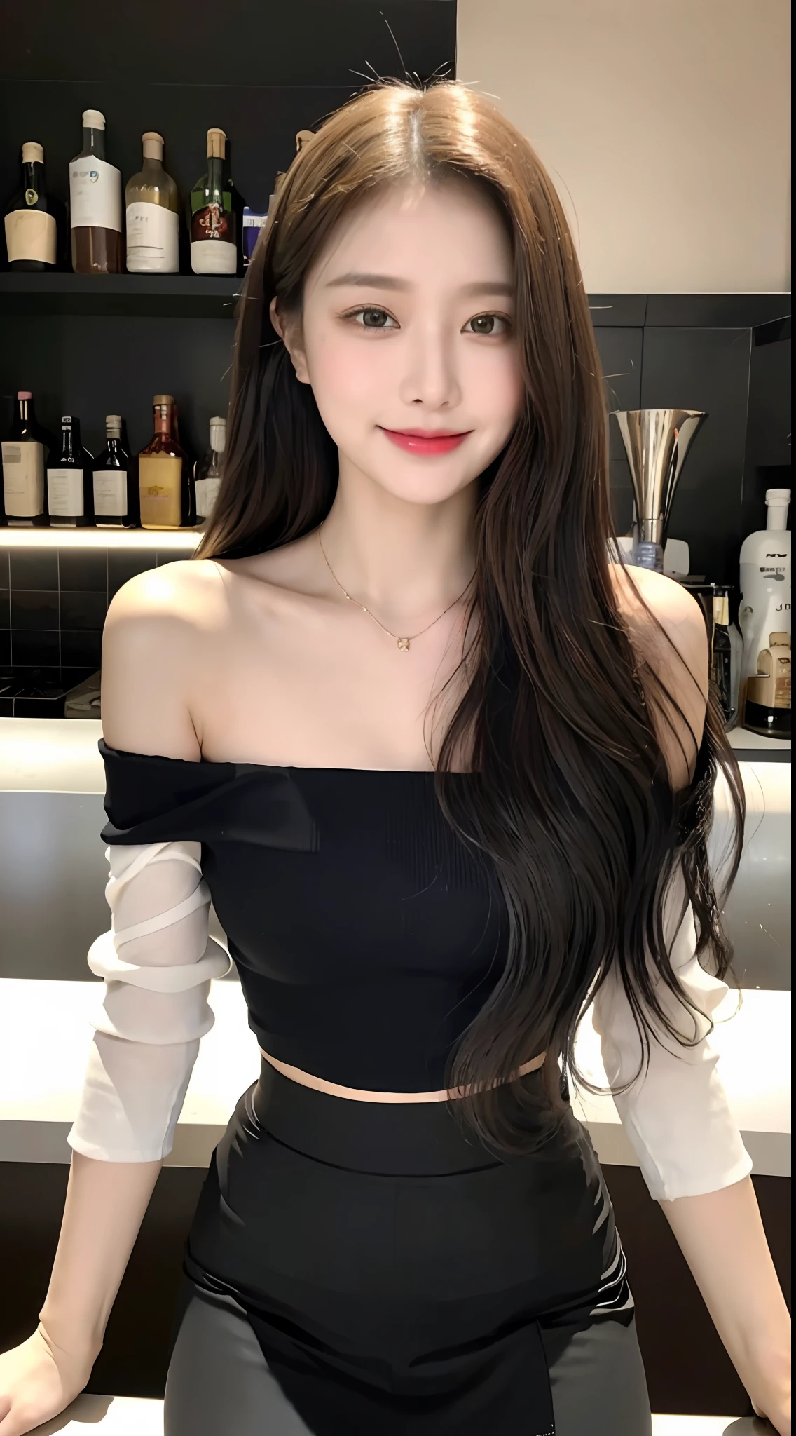 A superb exquisite real beautiful girl, golden long curly hair, extremely exquisite facial features, peerless beautiful girl, collarbone off-the-shoulder, white crop top shirt, black JK skirt, exposed legs, sweet smile, soft, dreamy quality, light white and dark brown, exaggerated facial features, solid color, frank off-white, surreal, blue gemstone necklace, ultra-clear, beautiful young girl, cute and lively, super short leggings, background at the bar counter