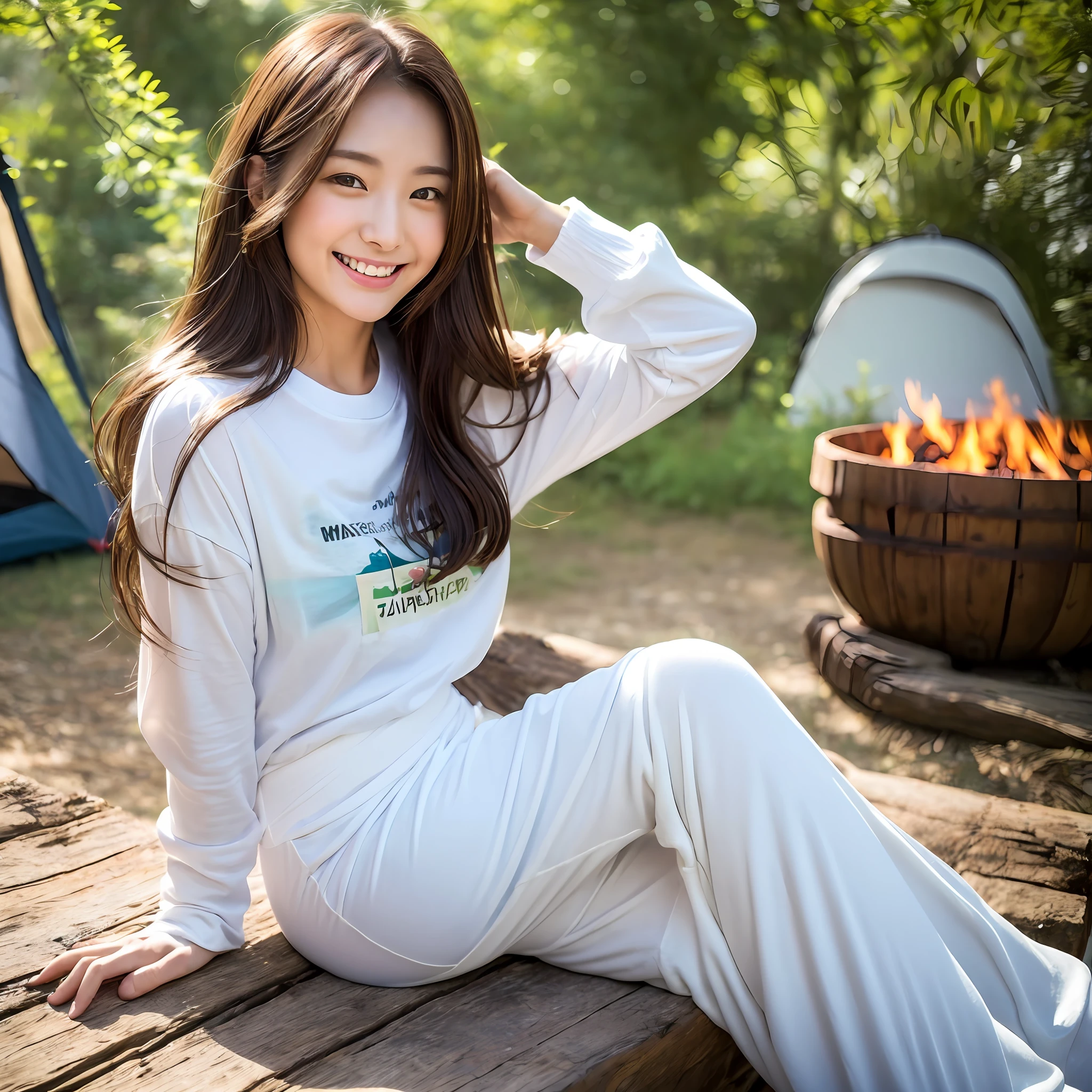 ((Top Quality, 8k, Masterpiece: 1.3)), Japan women (wearing white long-sleeved T-shirt and long pants, smiling, at_campground:1.5), having BBQ, Woman is sitting, Background is campsite lined with tents, Overhead camera, Sharp Focus: 1.2, Cute Woman: 1.4, (((Long Hair)), Highly Detailed Face and Skin and Hair Texture, Brown Hair, Hair Swaying in the WindDetailed eyes, double eyelids, white skin, beautiful legs, beautiful delicate nose, cute young Japan woman, 28 years old, featuring calm tones and light, with dynamic angles, while exuding happy emotions, while emphasizing the subject's hair, eyes, mouth, action, is pleasing to the eye, suggestive composition.