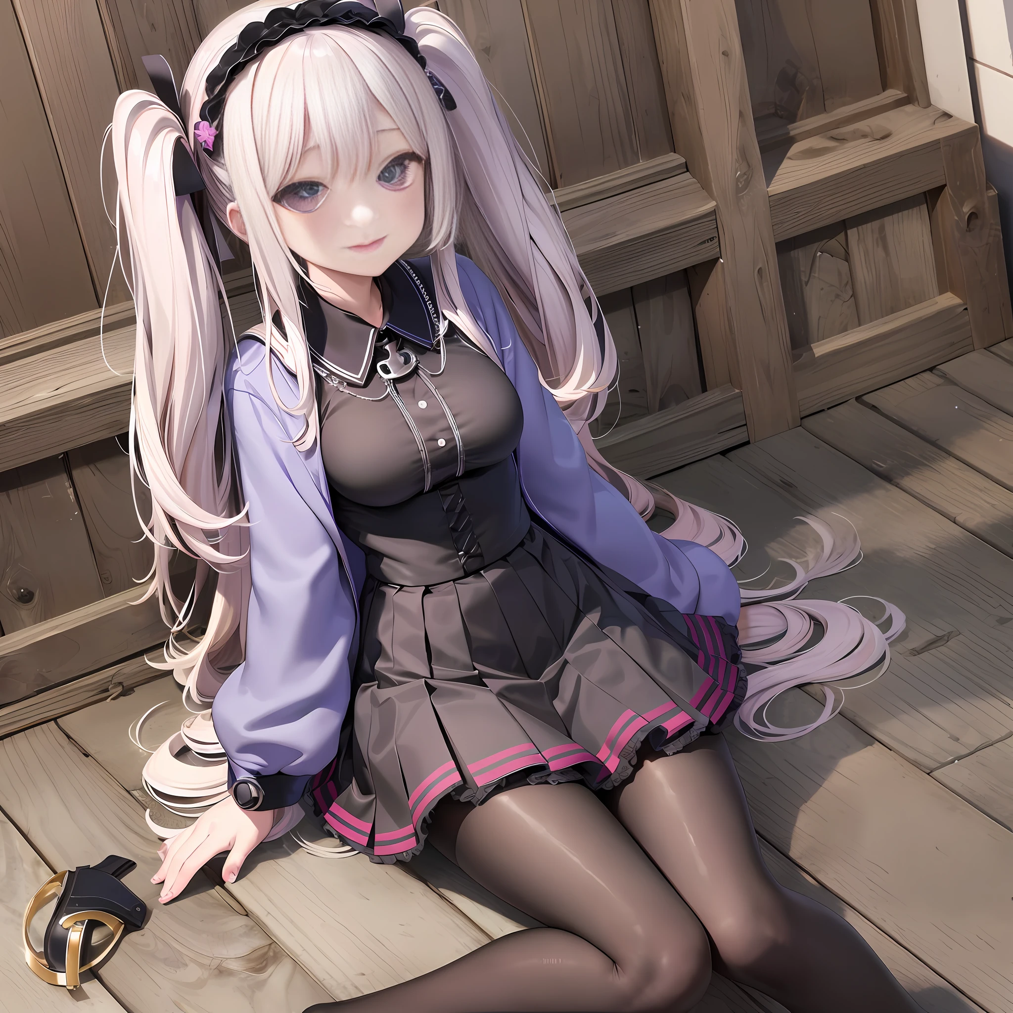 masterpiece,best quality,official art,extremely detailed CG unity 8k wallpaper, incredibly_absurdres, huge_filesize, artbook, light, solo, , purple hairband, blunt bangs, medium hair, platinum blonde hair, twintails, cute face, looking at viewer, laughing, aqua eyes, glowing eyes, medium breasts, school uniform, pleated_skirt, cross-laced_footwear, black pantyhose, wristwatch, necklace, wariza/w-sitting,