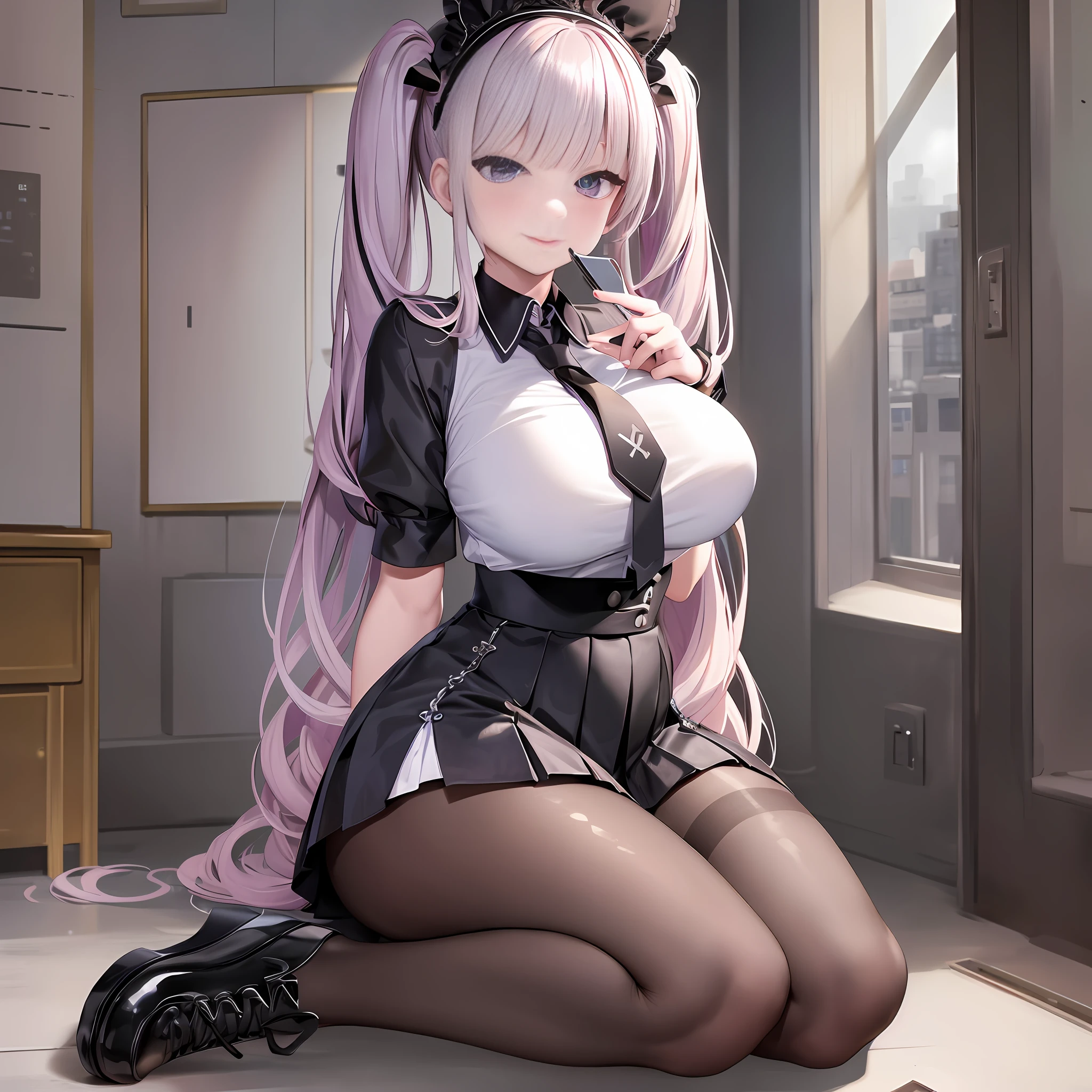 masterpiece,best quality,official art,extremely detailed CG unity 8k wallpaper, incredibly_absurdres, huge_filesize, artbook, light, solo, , purple hairband, blunt bangs, medium hair, platinum blonde hair, twintails, cute face, looking at viewer, laughing, aqua eyes, glowing eyes, medium breasts, school uniform, pleated_skirt, cross-laced_footwear, black pantyhose, wristwatch, necklace, wariza/w-sitting,