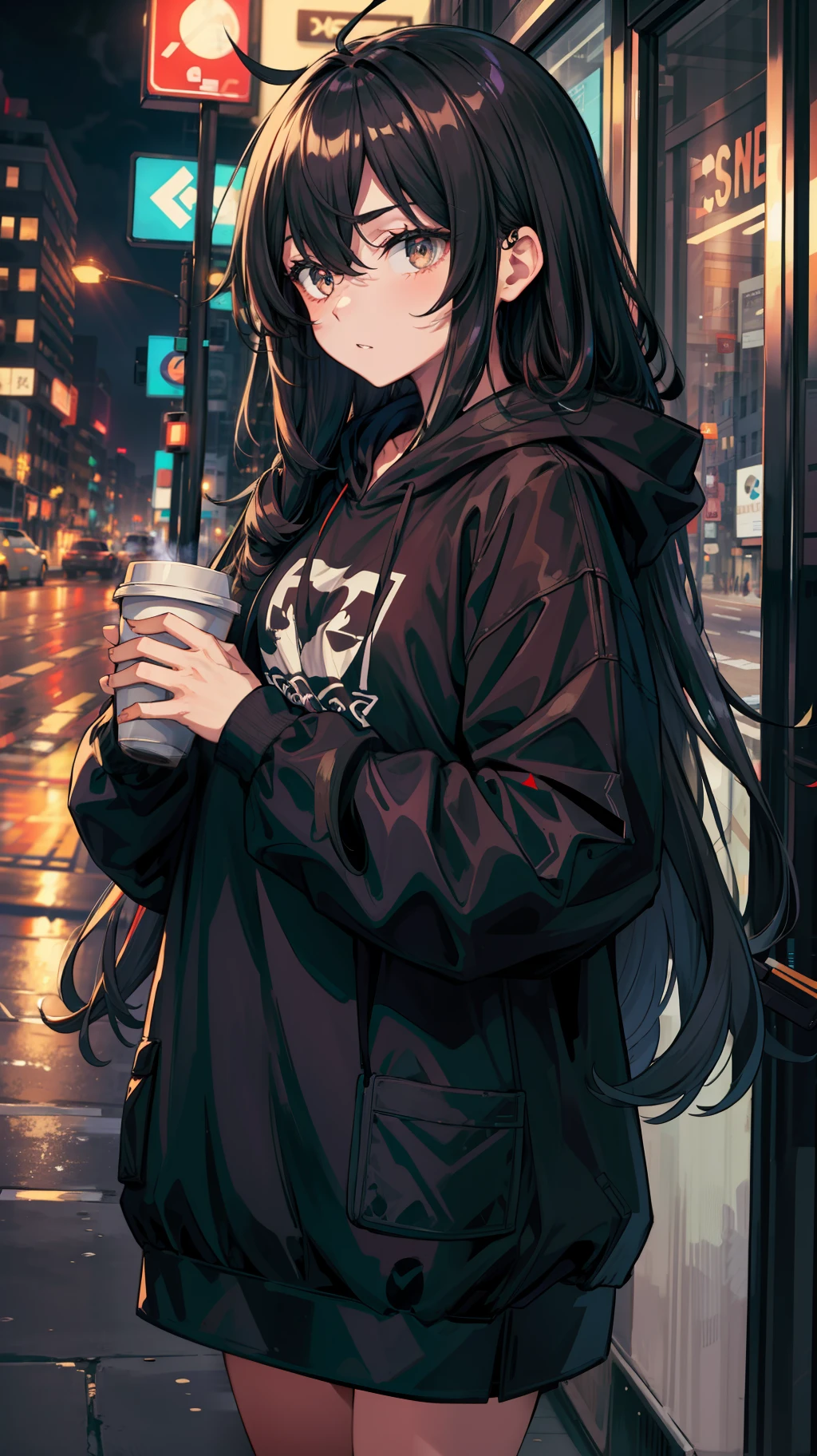 A beautiful girl, wearing oversize black hoodie, wearing headphone, holding a cup of coffee, standing in the middle of the street, night, (masterpiece), (best quality), (ultra detailed),(disheveled hair),(illustration), (1girl),best lighting