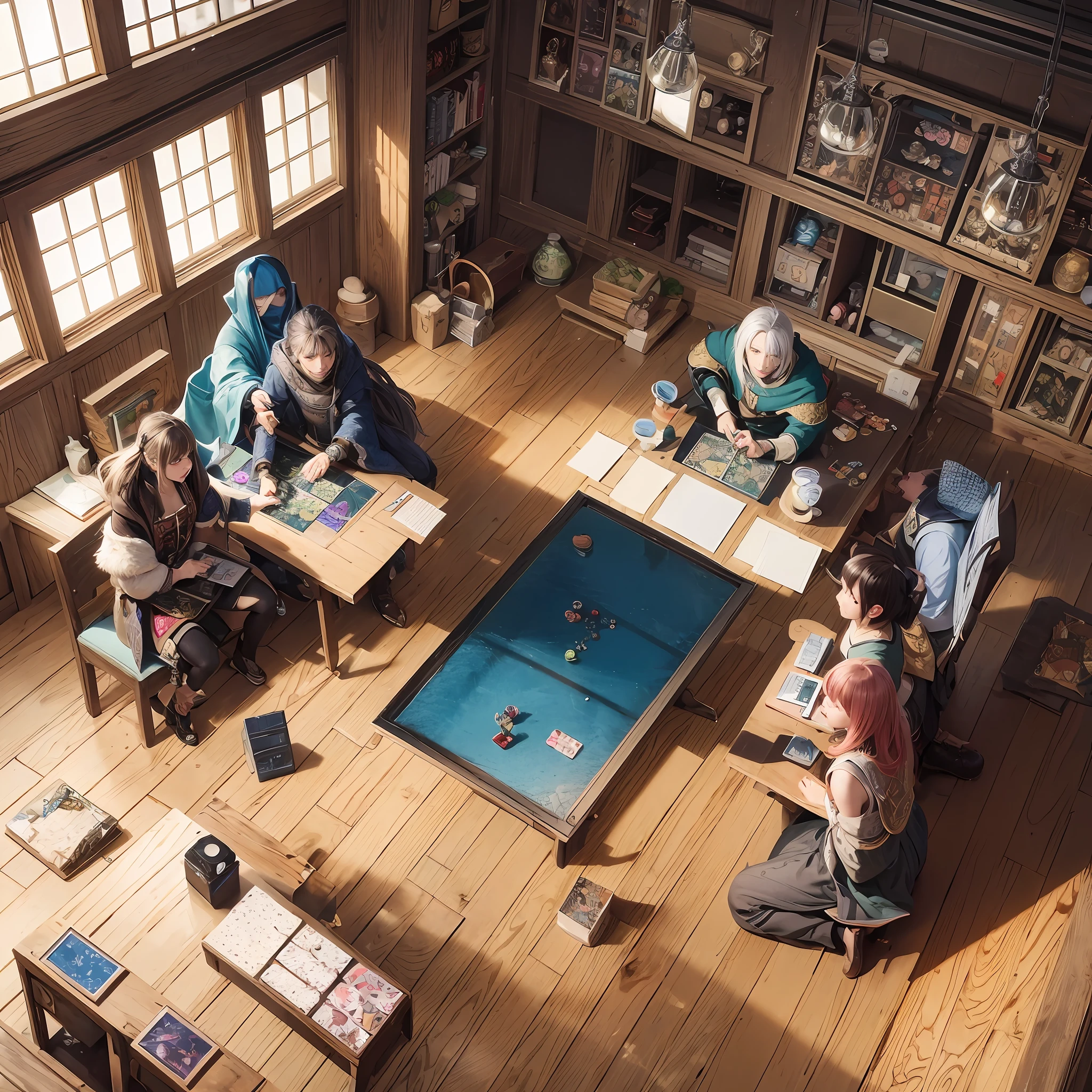 anime characters playing a board game in a room with a table, concept art by Ryan Yee, pixiv, conceptual art, lawther sit at table playing dnd, roleplaying game art, dnd party, roleplaying, tabletop rpg, rpg scene, dungeons and dragons style, play in dnd, playing dnd, rpg illustration, game dungeons and dragons, high quality dnd illustration --auto --s2