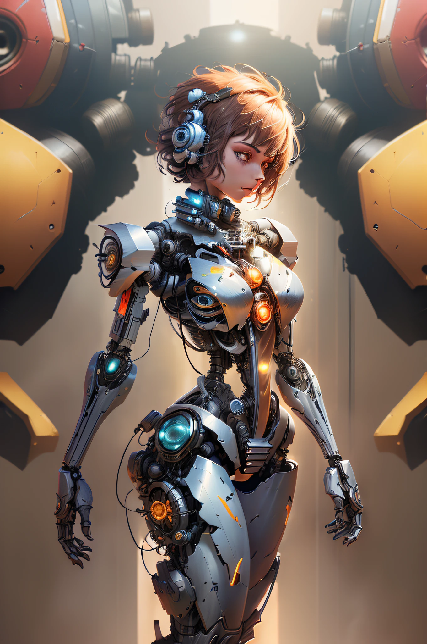(reelmech:1.5),fighting , glowing eyes, short hair,torn tight supersuit, in a destroyed city, smoke and fire, glowing power aura, dynamic pose, dynamic view