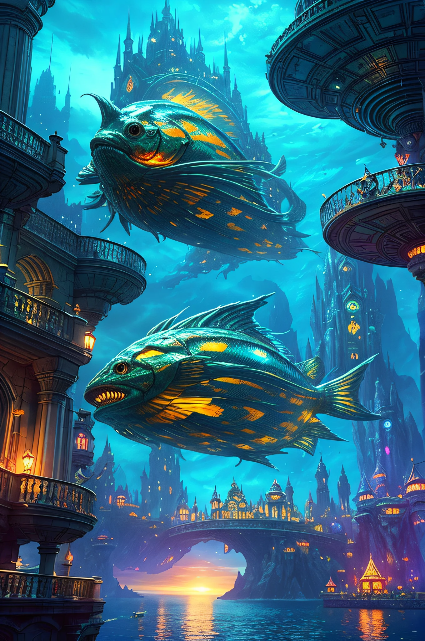 Fantasy concept art, a transparent building as a huge aquarium with fish at night, nice lighting decorations, wide angle shot, 8k octane rendering, realistic, epic shot, cinematic lighting, detailed architecture, detailed fish