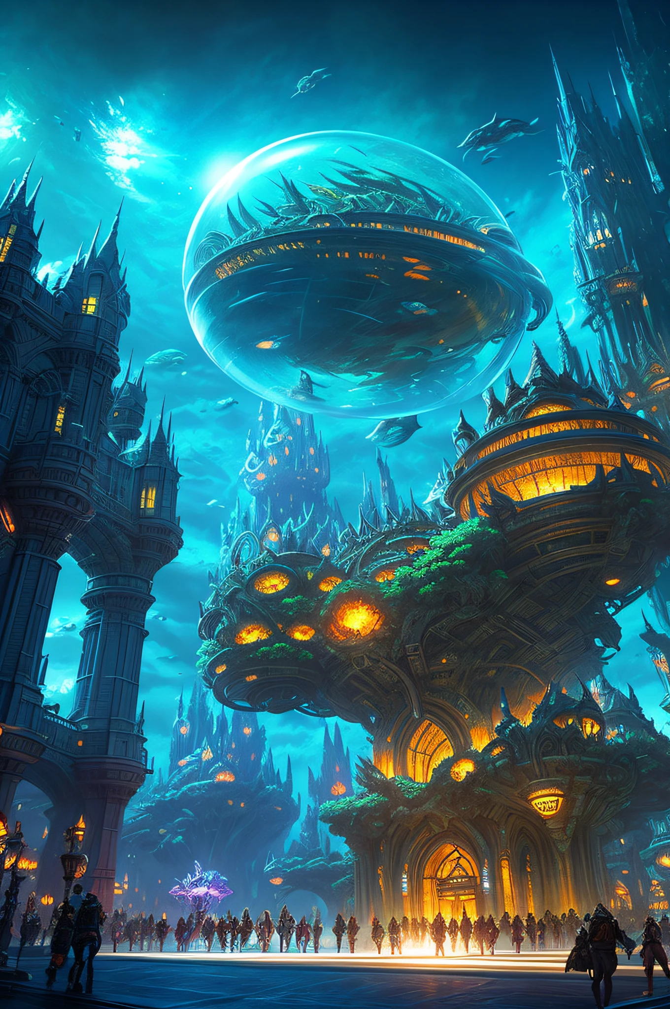 Fantasy concept art, a transparent building as a huge aquarium with fish at night, nice lighting decorations, wide angle shot, 8k octane rendering, realistic, epic shot, cinematic lighting, detailed architecture, detailed fish