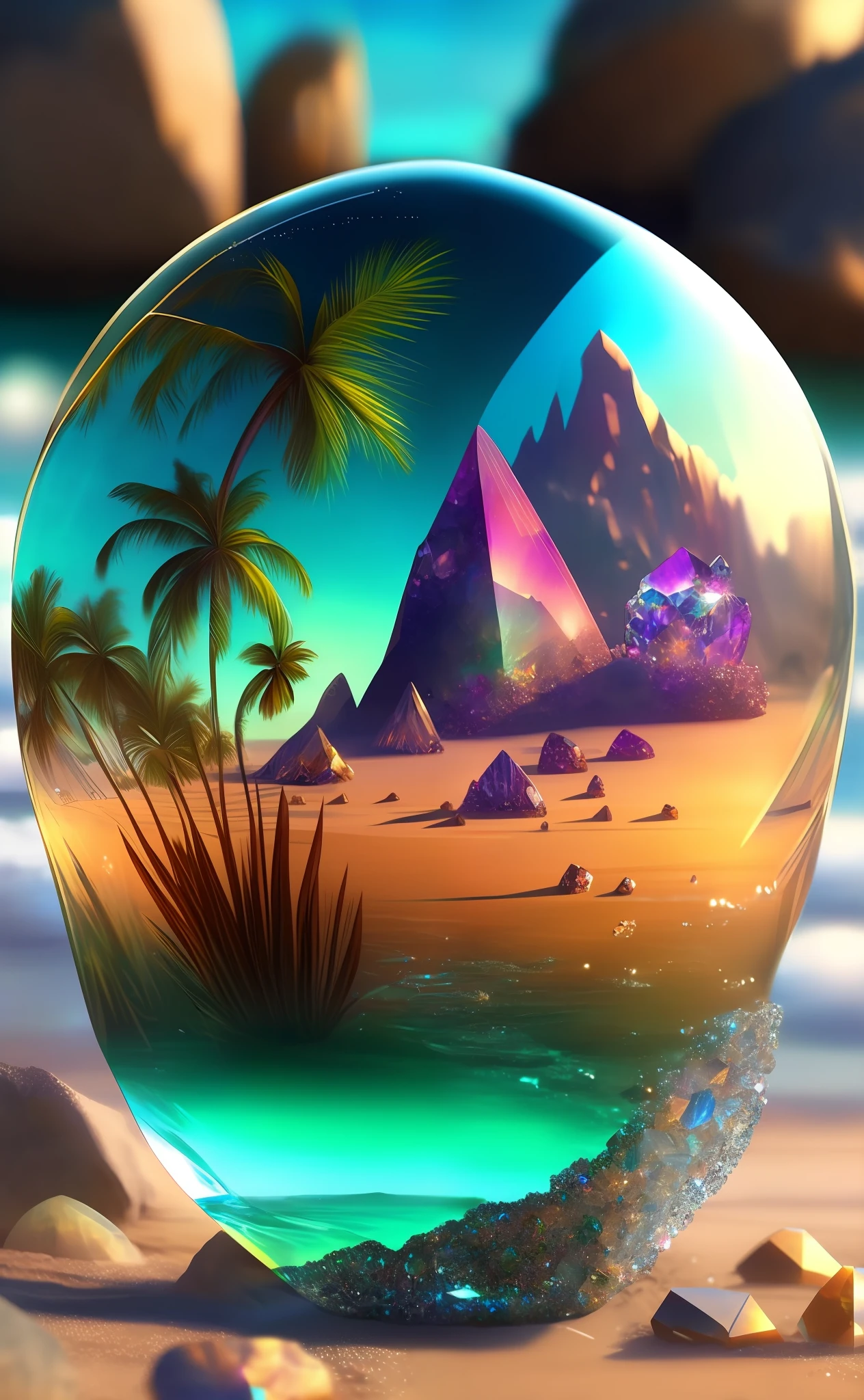 a crystal ball with a palm tree inside of it on a beach with rocks and sand around it and a few other rocks around it , chaingirldark style digital art, trending on artstation