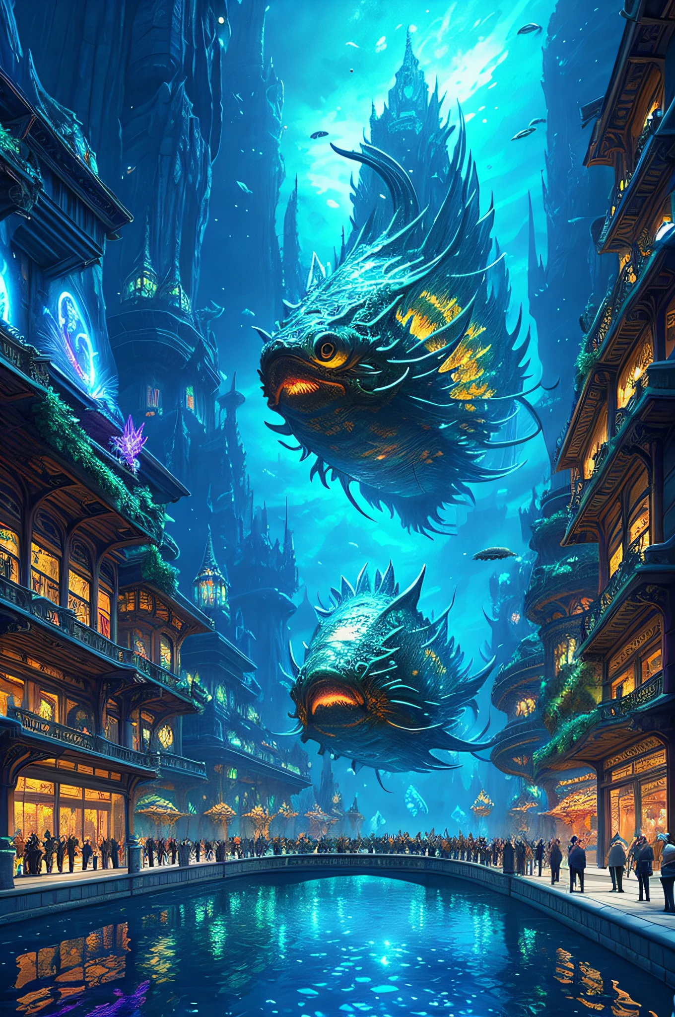 Fantasy concept art, a transparent building as a huge aquarium with fish at night, nice lighting decorations, wide angle shot, 8k octane rendering, realistic, epic shot, cinematic lighting, detailed architecture, detailed fish