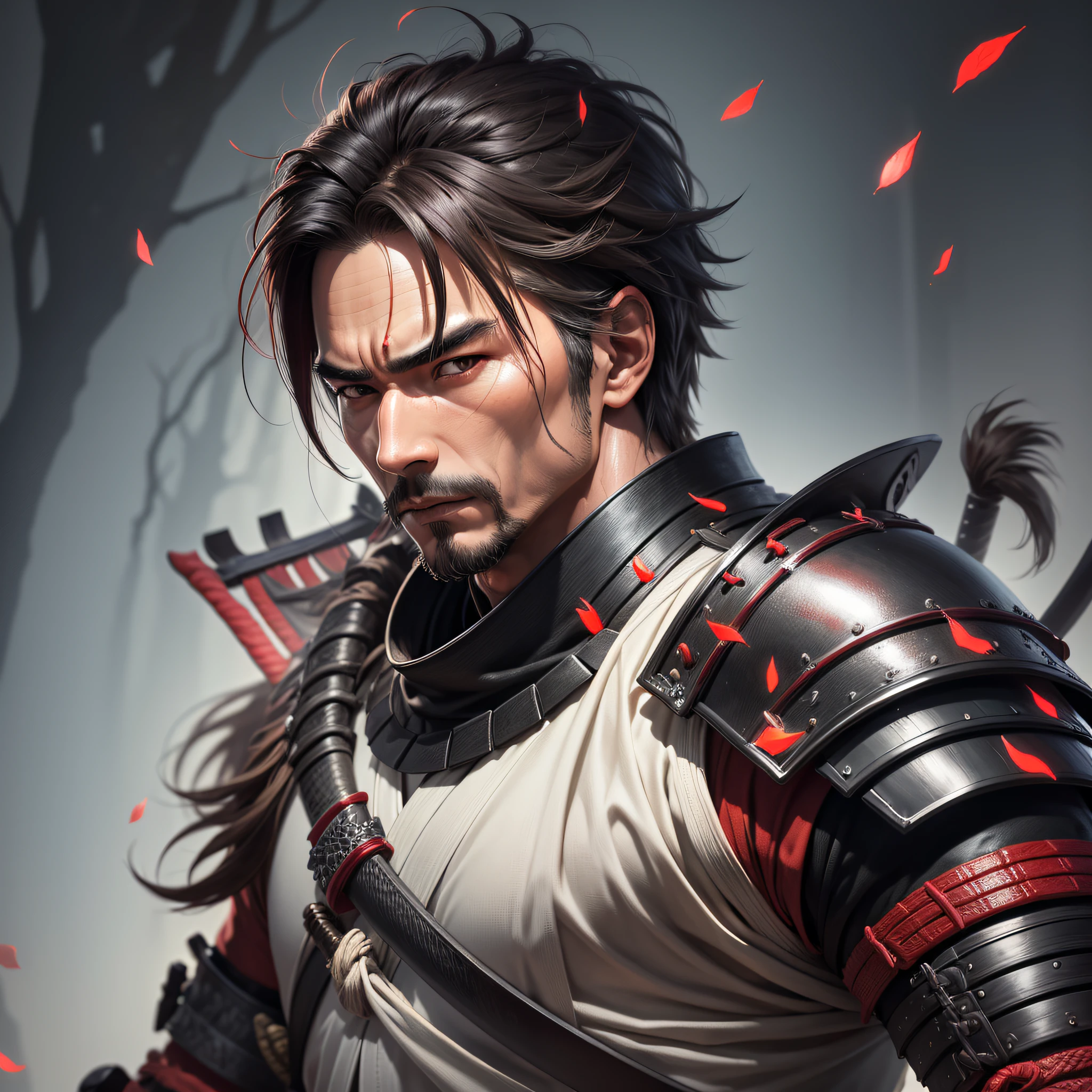 (realistic image:1.2),(male figure),(samurai holding his katana),forest,white and black and red,(Lighting:1.2),(Best quality, 8K, Masterpiece),Clear focus,perfect figure. --auto --s2