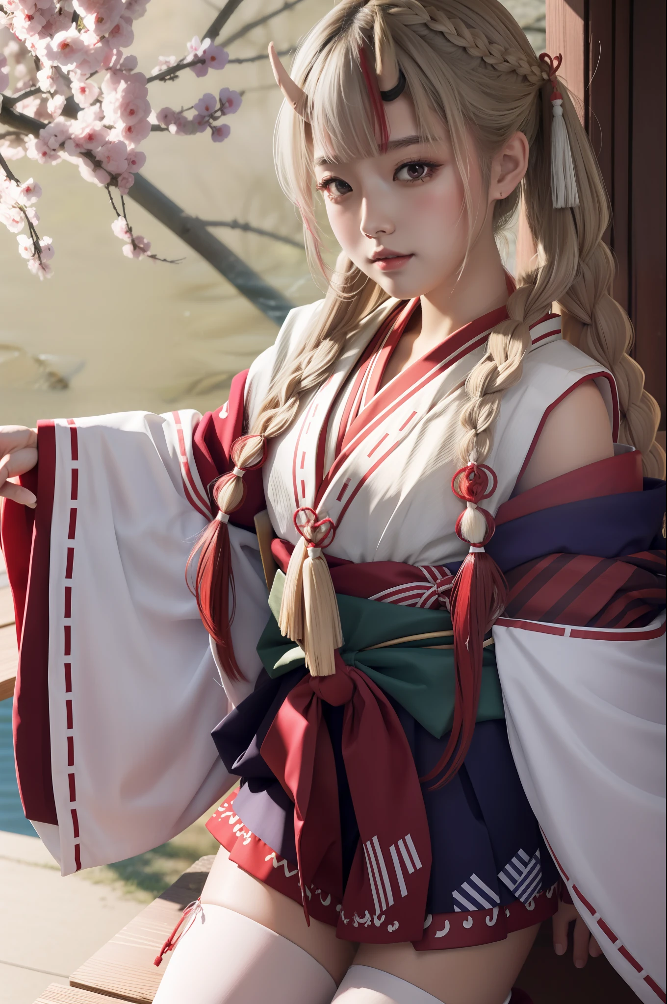 (masterpiece, best quality),  intricate details, 8k, artstation, wallpaper, official art, splash art, sharp focus,
1girl,  Nakiri Ayame, long hair, braids, AyameShrine, japanese clothes, hakama skirt, white thighhighs, 
 saito_naoki,