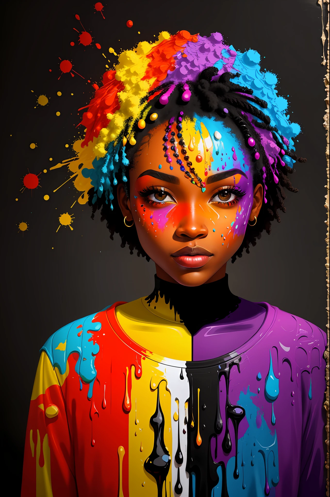 an abstract paint portrait of an African American woman with colorful paint splatter, in the style of realism with fantasy elements, color gradients, color splash, colorful figures minimalistic style, oil painting