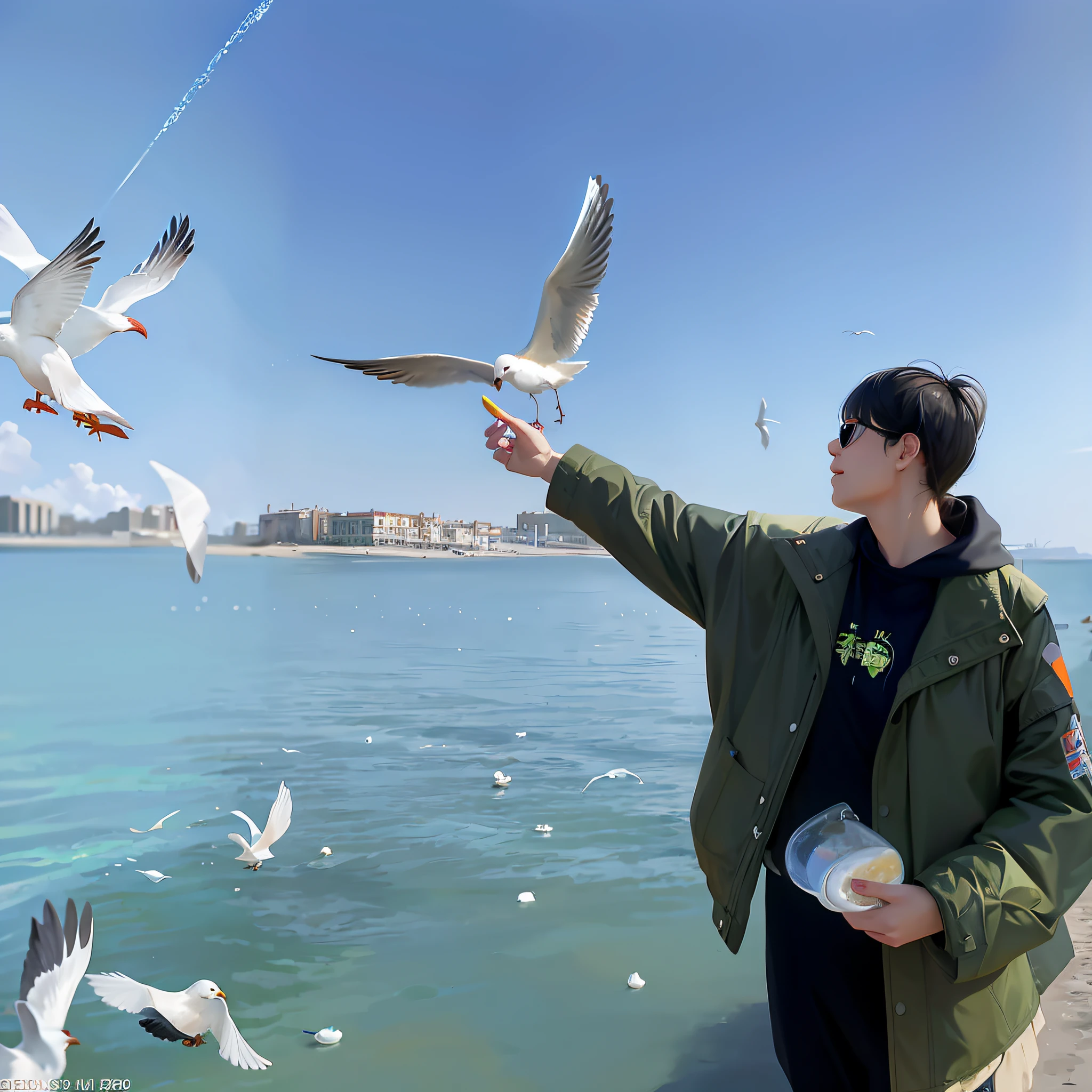 there is a woman feeding seagulls on the beach, [ realistic photo ]!!, with great birds, realistic picture, with real wings, with his pet bird, [ realistic photography ], holding electricity and birds, realistic art, by Jin Nong, 2 0 2 2 photo, realistic scene, highly realistic photo, in sunny weather, hyperrealistic picture