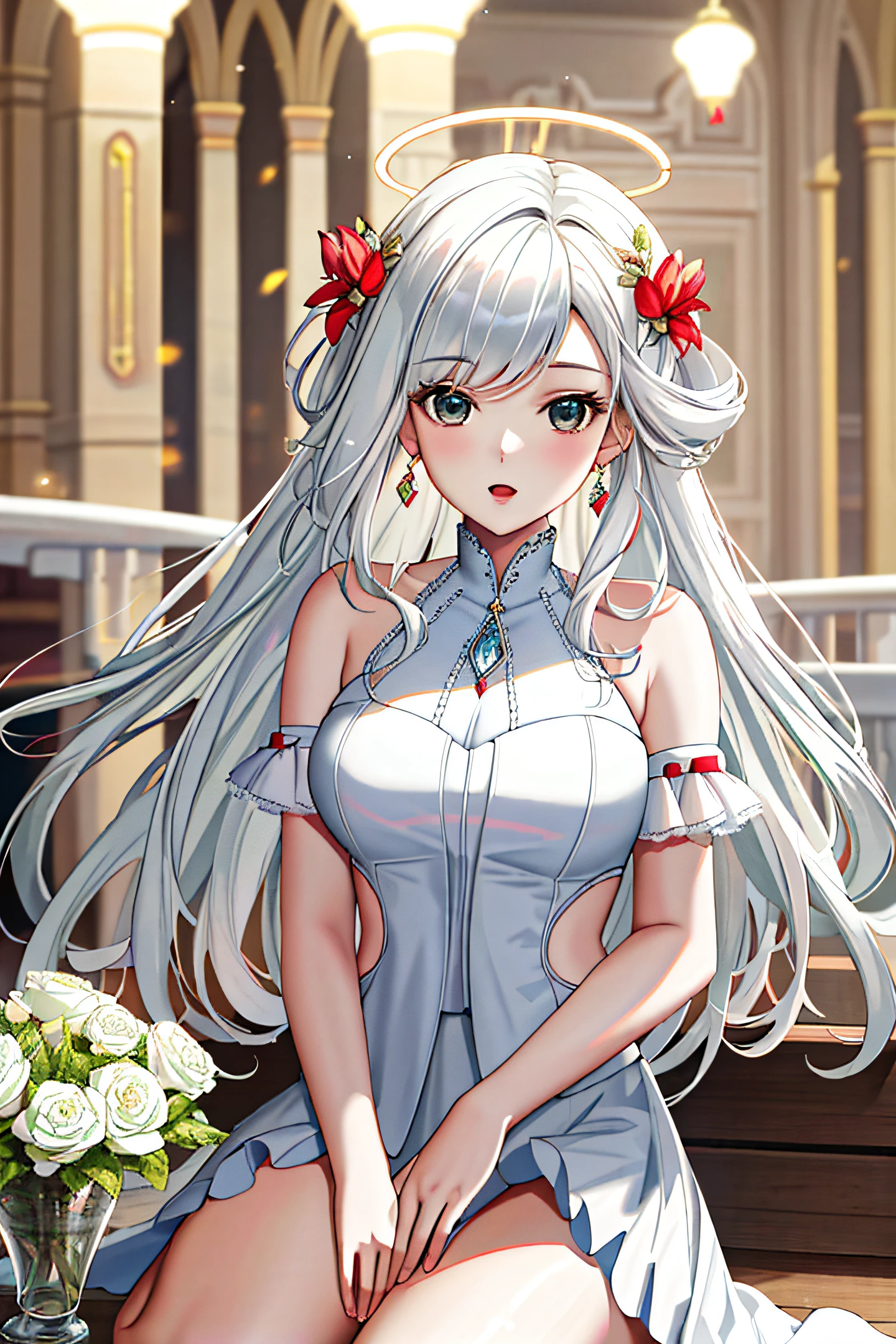 High quality detailed texture, high quality shadows, detailed beautiful and delicate face, detailed beautiful and delicate eyes, depth of field, ray tracing, perspective, 20s, (beautiful kpop girl group: 1.2) + korean ulzzang face, 1 woman, full body, beautiful face, looking at the viewer, white hair, halo, red garlic flower in background, lycoris,, Noelle, solo