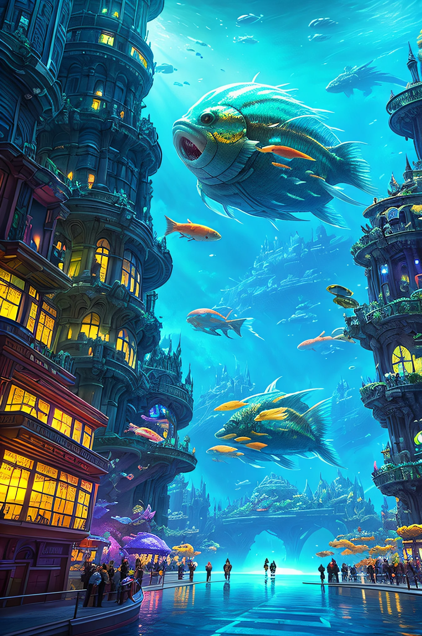Fantasy concept art, a transparent building as a huge aquarium with fish at night, beautiful light decoration, wide angle lens, 8k octane rendering, realistic, epic shots, movie lighting, detailed architecture, detailed fish, brilliant and colorful