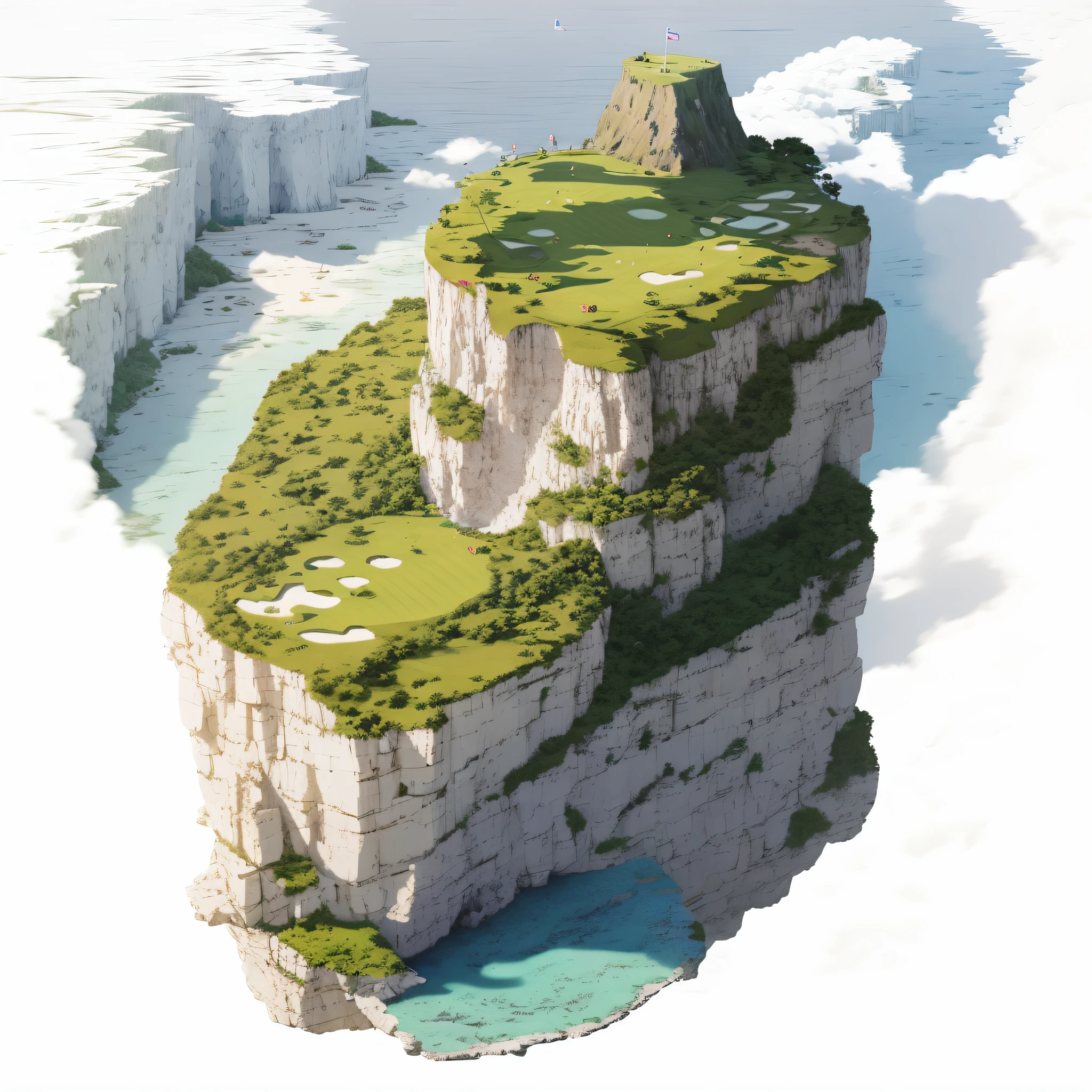 there is a small island with a golf course on it, isometric island in the sky, over a chalk cliff, aerial illustration, cliffside, high cliff, floating mountains, floating and flying island, cliff, an island floating in the air, flying island, floating island in the sky, flying island in the sky, island with cave, floating island