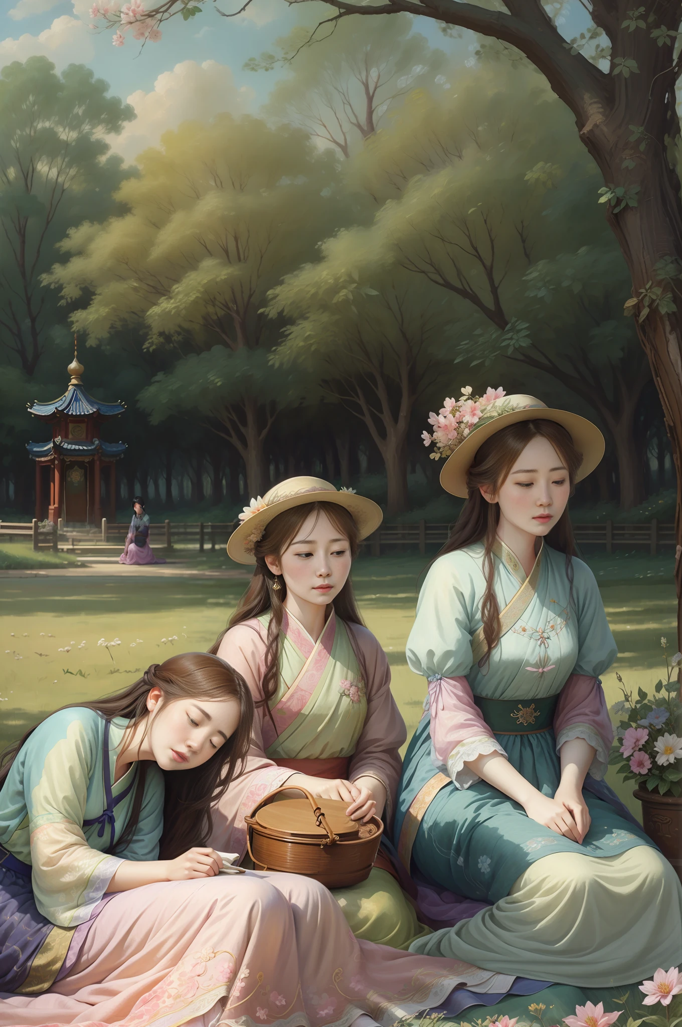 there are three women sitting on a blanket in the park,mother in the middle,two daughters beside her,taking an afternoon nap,expression of beneign,靠在树上, oil painting,impressionalism