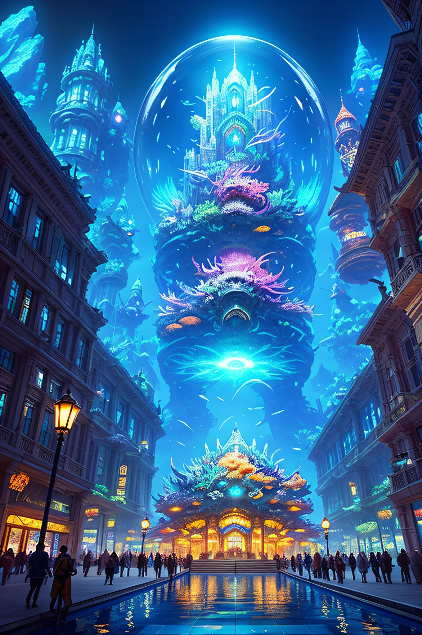Fantasy concept art, a transparent building as a huge aquarium with fish at night, beautiful light decoration, wide angle lens, 8k octane rendering, realistic, epic shots, movie lighting, detailed architecture, detailed fish, brilliant and colorful