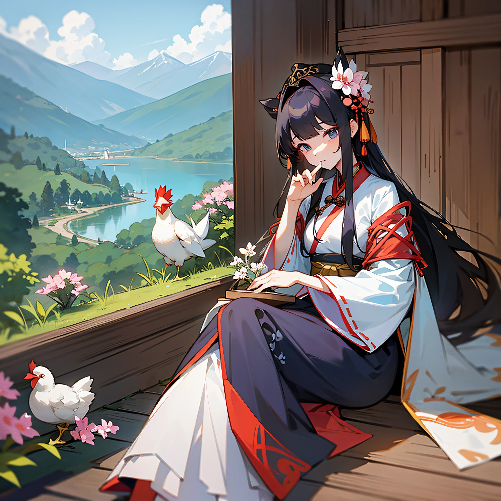 The Chinese princess, Hanfu, sits by a lake with a chicken next to her, surrounded by flowers and trees, surrounded by mountains --auto --s2