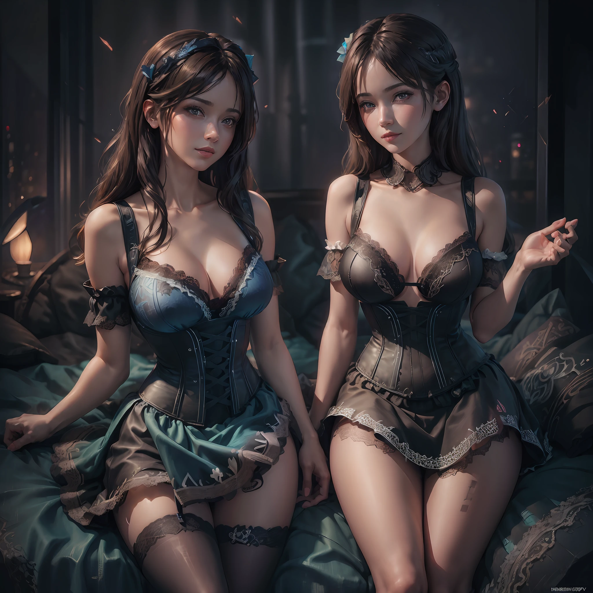 (in the dark:1.6), Hyperrealist portrait of female by david hockney and alphonse mucha, cleavage big breasts:1.2, (mini skirt:1,5) , fantasy art, photo realistic, dynamic lighting, artstation, volumetric lighting, very detailed faces, 4 k, award winning, 2 girls, in the dark, deep shadow, low key, full body shot, shot from behind, sexy, (sexy lace clothing:1.4), dress, corset, panties, miniscirt, blue, looking at viewer, makeup, lipstick, stockings, heels, bedroom, long hair, black hair , (in the dark:1.6), Hyperrealist portrait of female by david hockney and alphonse mucha, cleavage big breasts:1.2, (mini skirt:1,5) , fantasy art, photo realistic, dynamic lighting, artstation, volumetric lighting, very detailed faces, 4 k, award winning, 2 girls, in the dark, deep shadow, low key, full body shot, shot from behind, sexy, (sexy lace clothing:1.4), dress, corset, panties, miniscirt, blue, looking at viewer, makeup, lipstick, stockings, heels, bedroom, long hair, black hair --auto --s2