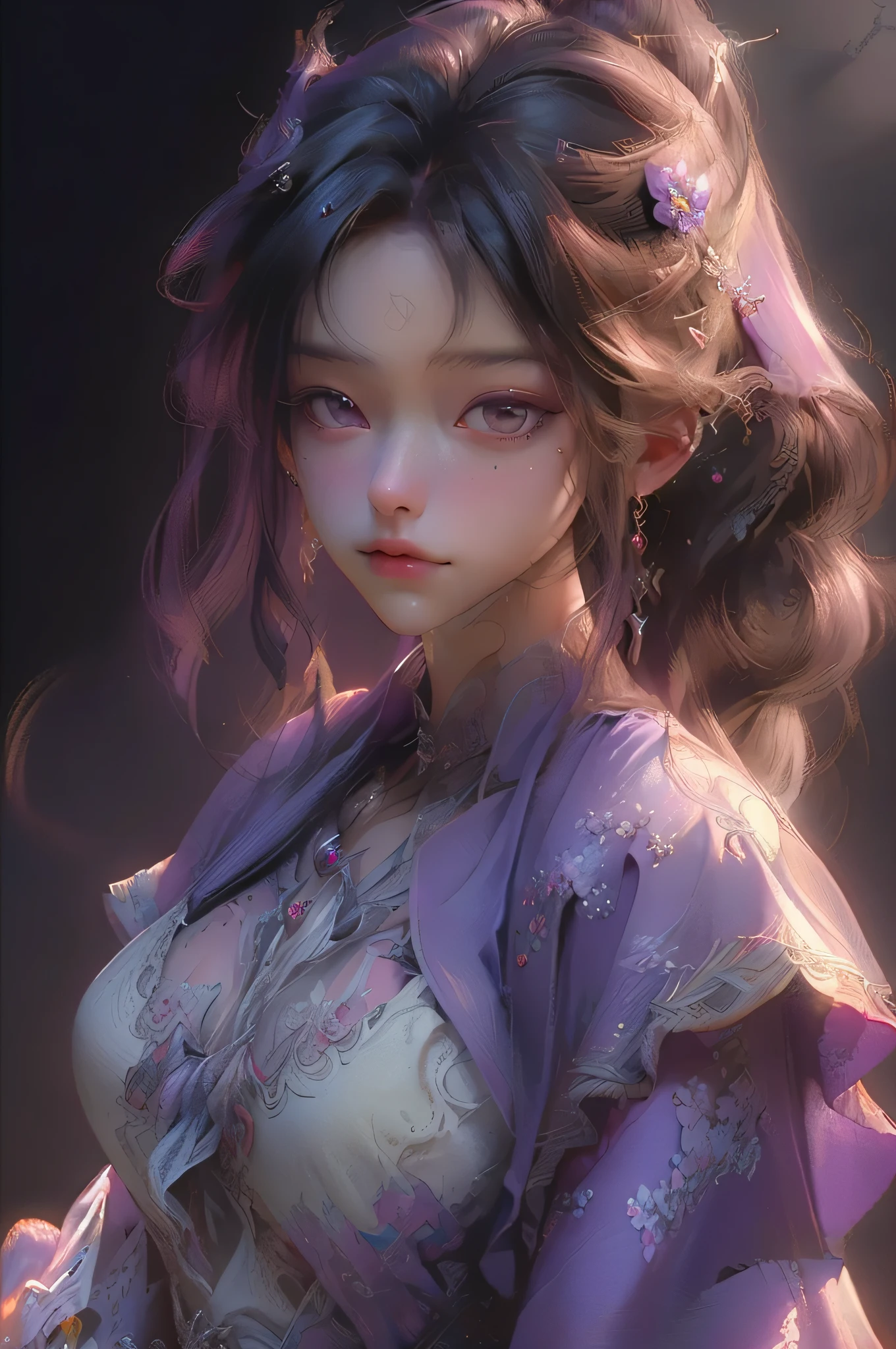 ((masterpiece))), (((best quality))), ((ultra-detailed)), (hyperrealistic), (highly detailed CG illustration), cinematic light, photorealistic ,extremely beautiful young lady, (beautiful face and lips), light makeup, big breast, intricate purple eaba, purple cape, spear, trending on artstation.