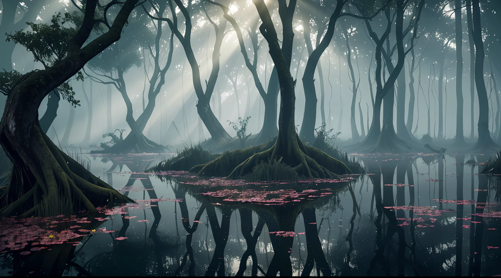 A murky swamp with twisted trees rising from the water, Hue, window light, spotlight masterpiece, realistic, award winning, volumetric light and fog, subsurface scattering, caustics, bloom, perfect exposure, perfect composition, rule of thirds, 8k, hdr10, cinematic, breathtaking, ray tracing