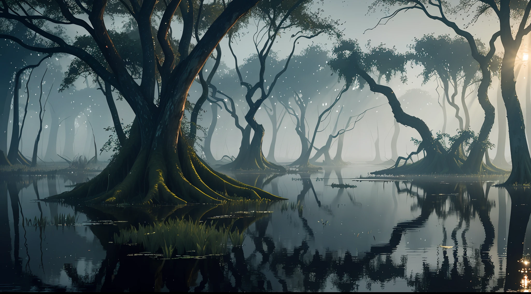 A murky swamp with twisted trees rising from the water, Hue, window light, spotlight masterpiece, realistic, award winning, volumetric light and fog, subsurface scattering, caustics, bloom, perfect exposure, perfect composition, rule of thirds, 8k, hdr10, cinematic, breathtaking, ray tracing