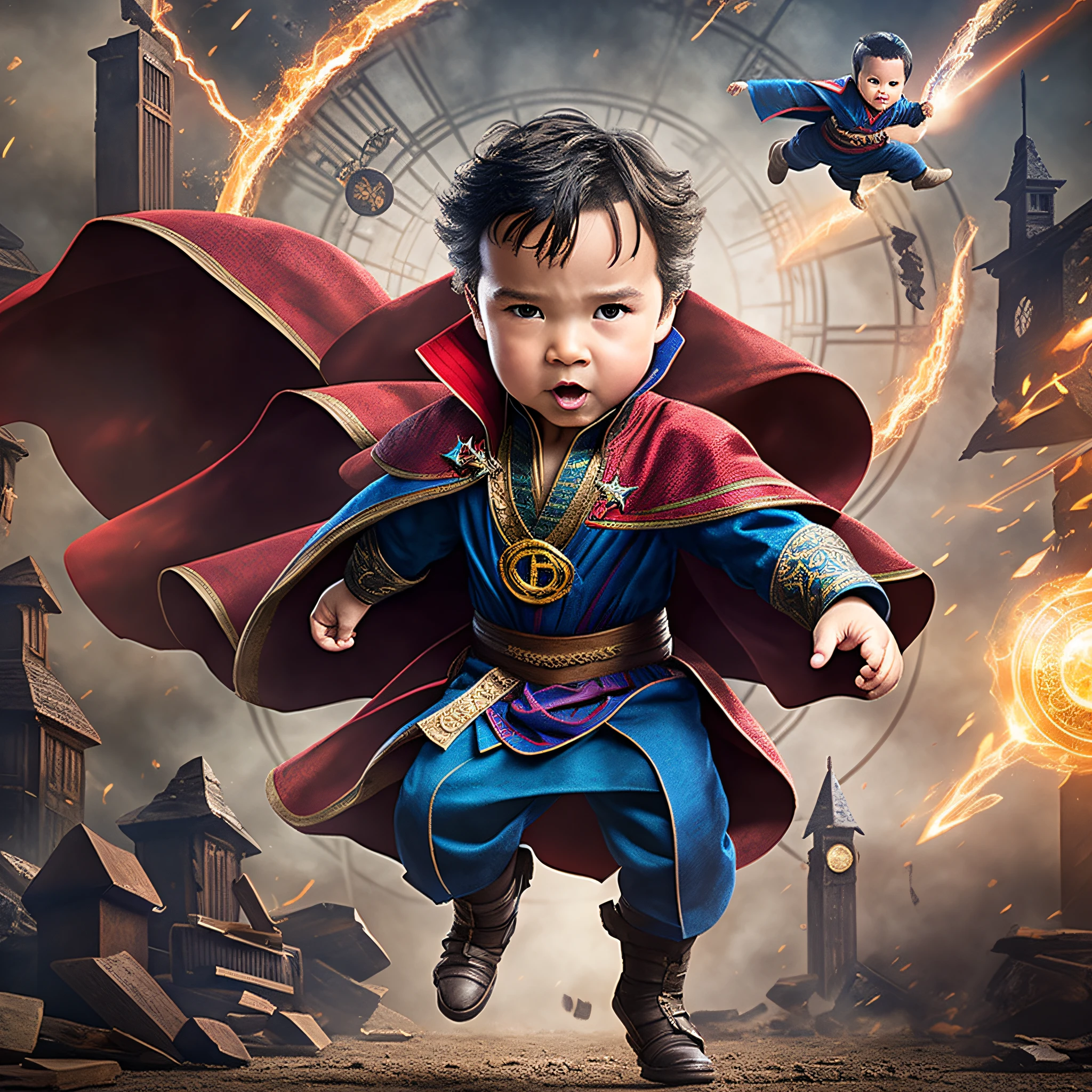 A , 3 years old,, brown hair, chubby, angry, Doctor Strange clothes and cape, flying in the air, fighting stance, casting magic, magic aperture, action scene, best quality --auto --s2