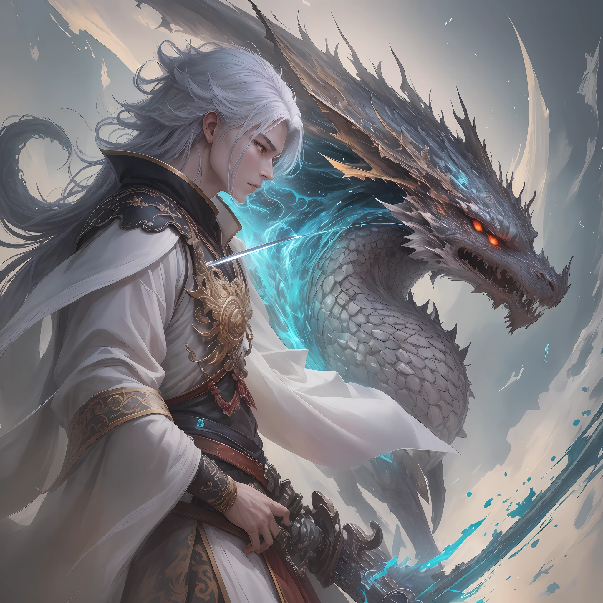 a close up of a person with a sword and a dragon, a picture by Yang J, pixiv contest winner, fantasy art, chinese fantasy, korean mythology, g liulian art style, flowing white robes, yiqiang and shurakrgt, anime epic artwork, anime fantasy illustration, traditional japanese concept art, beautiful male god of death --auto --s2