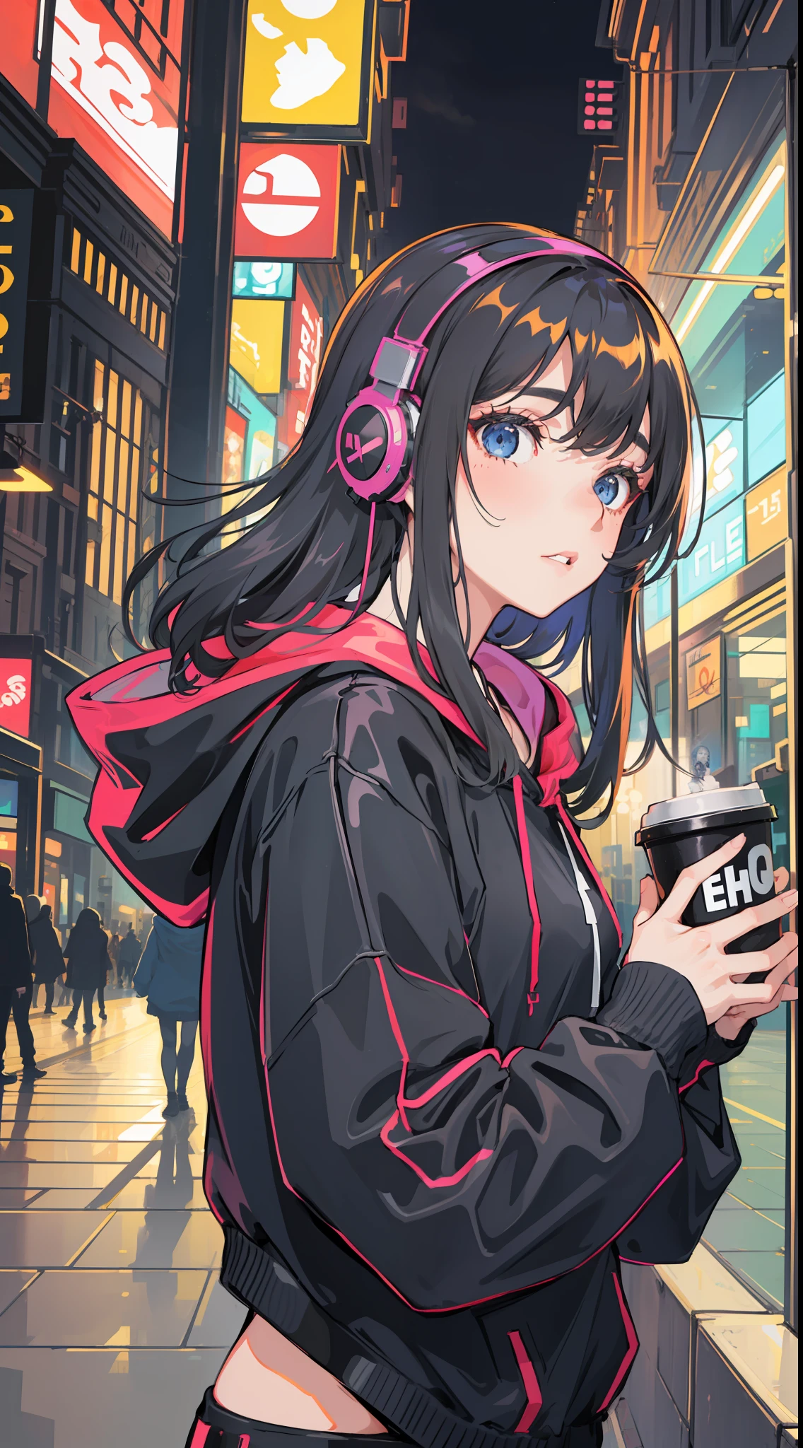 A beautiful girl, wearing oversize black hoodie, wearing headphone, holding a cup of coffee, standing in the middle of the street, night, (masterpiece), (best quality), (ultra detailed),(disheveled hair),(illustration), (1girl),best lighting